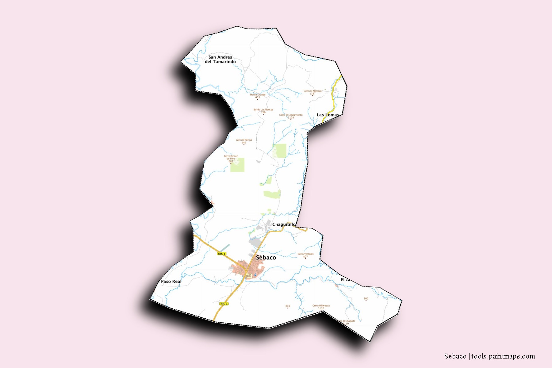 Mapa de barrios y pueblos de Sebaco con efecto de sombra 3D