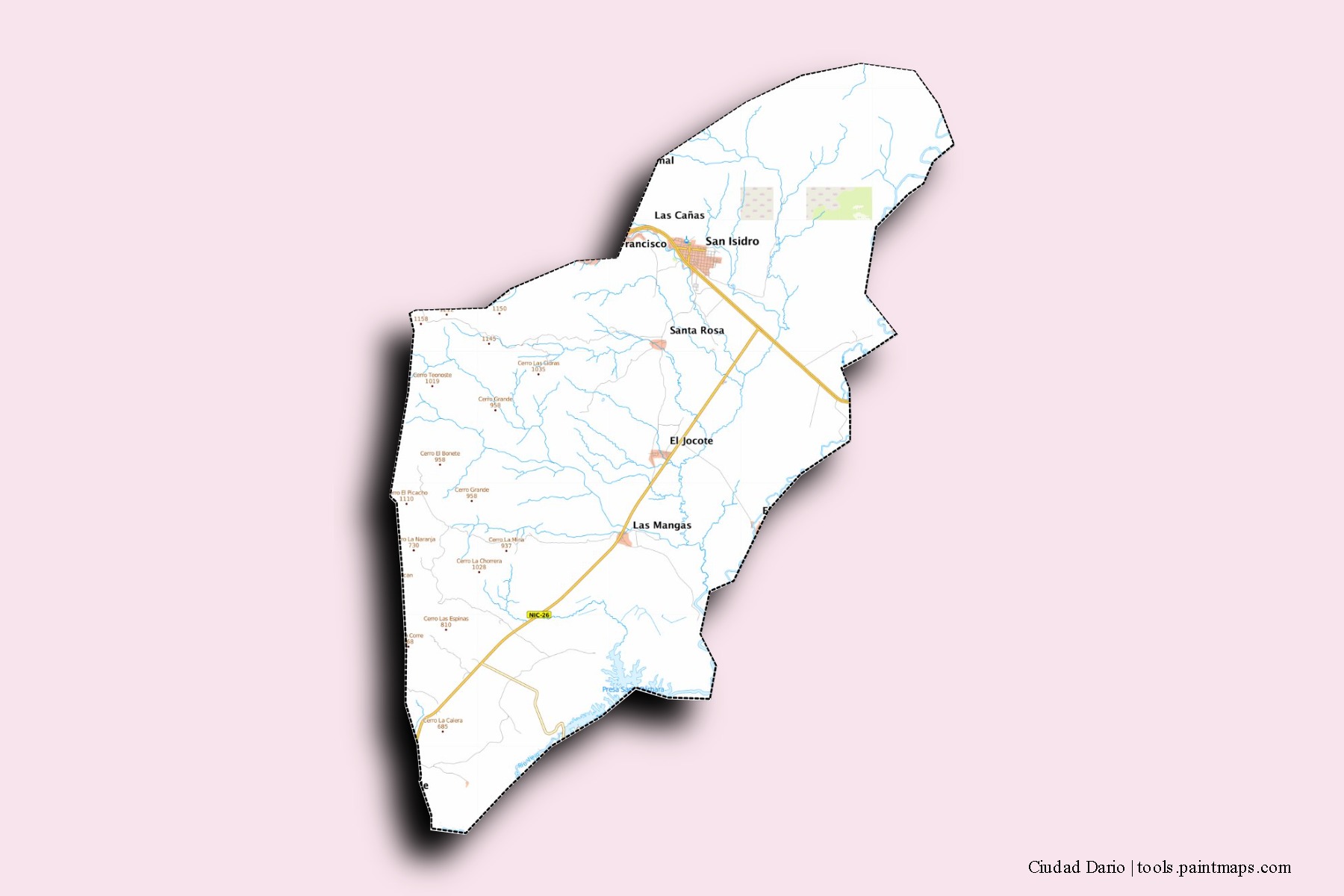 Mapa de barrios y pueblos de Ciudad Dario con efecto de sombra 3D