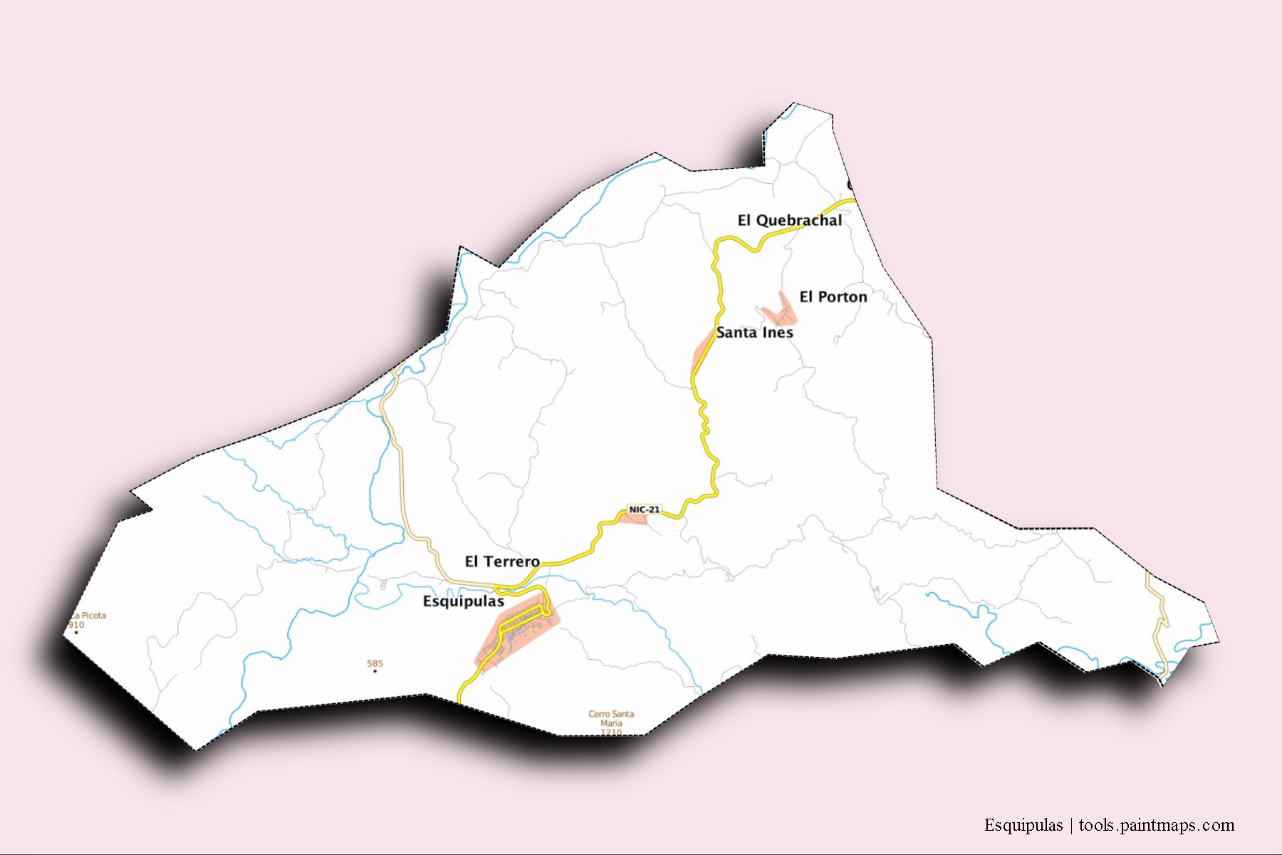 Mapa de barrios y pueblos de Esquipulas con efecto de sombra 3D