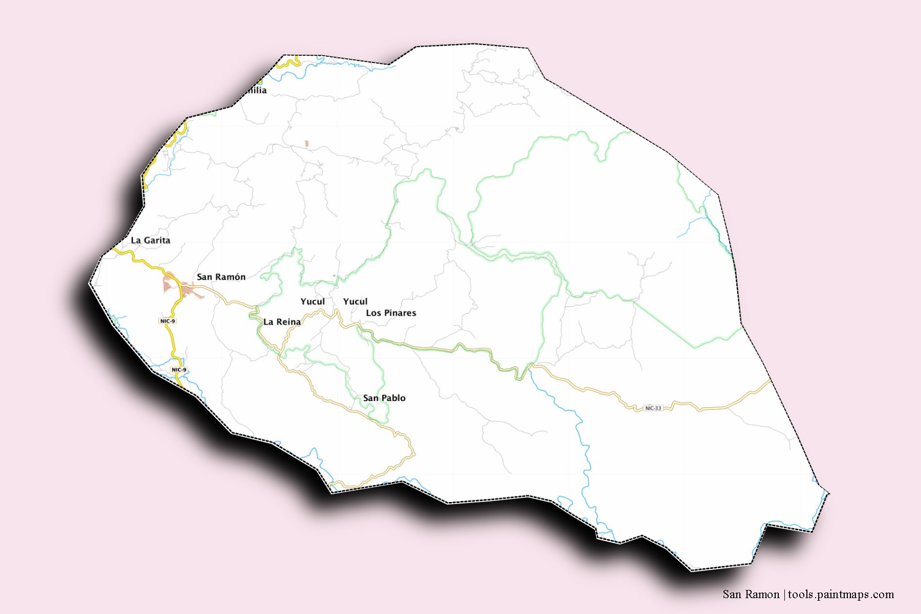 Mapa de barrios y pueblos de San Ramon con efecto de sombra 3D