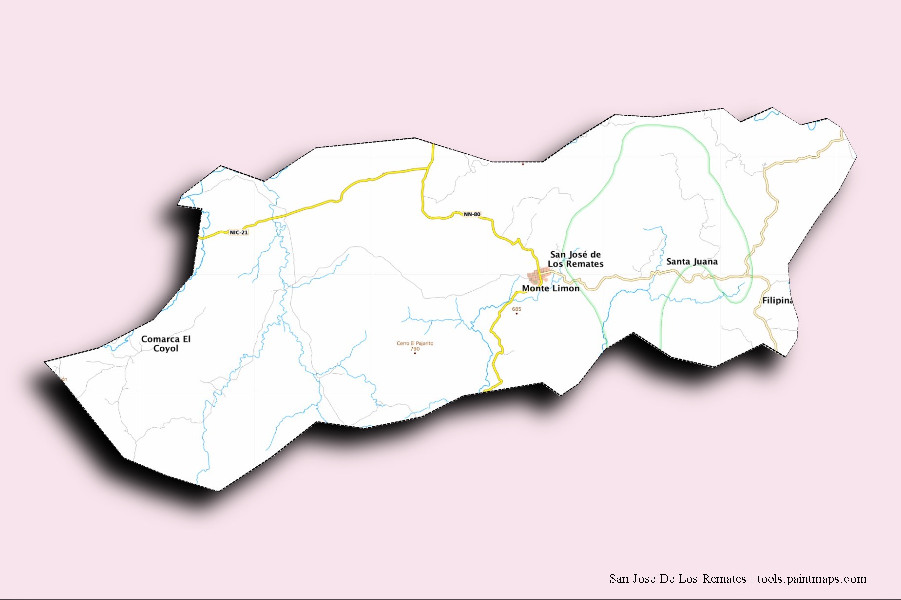 Mapa de barrios y pueblos de San Jose De Los Remates con efecto de sombra 3D