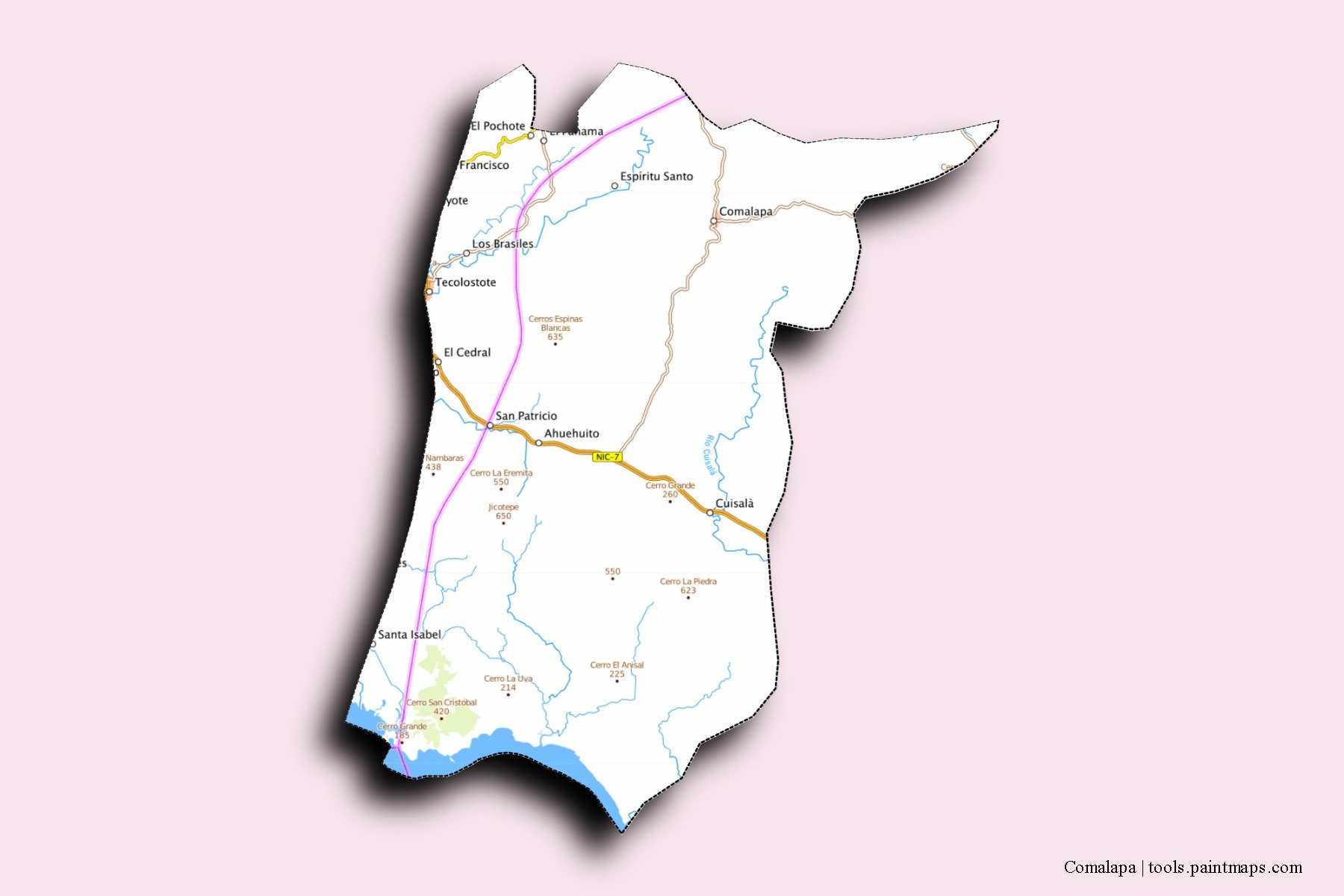 Mapa de barrios y pueblos de Comalapa con efecto de sombra 3D