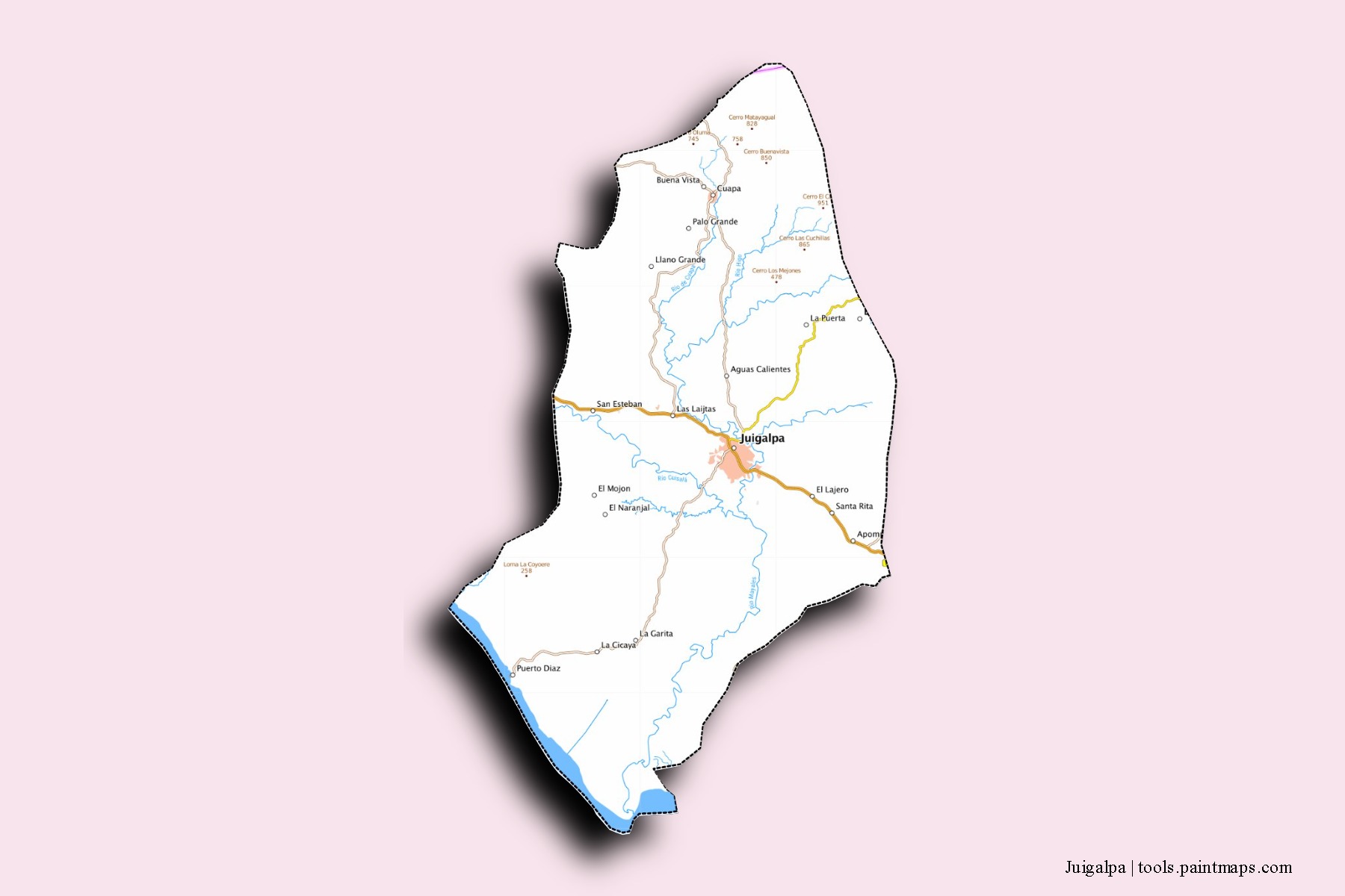 Mapa de barrios y pueblos de Juigalpa con efecto de sombra 3D