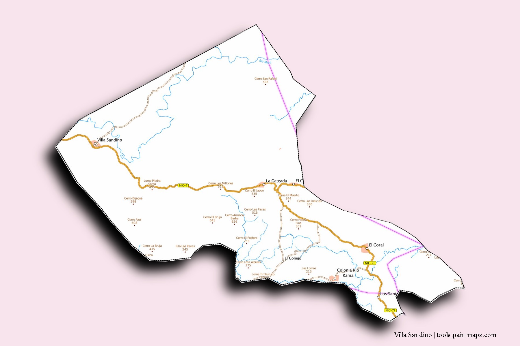 Mapa de barrios y pueblos de Villa Sandino con efecto de sombra 3D