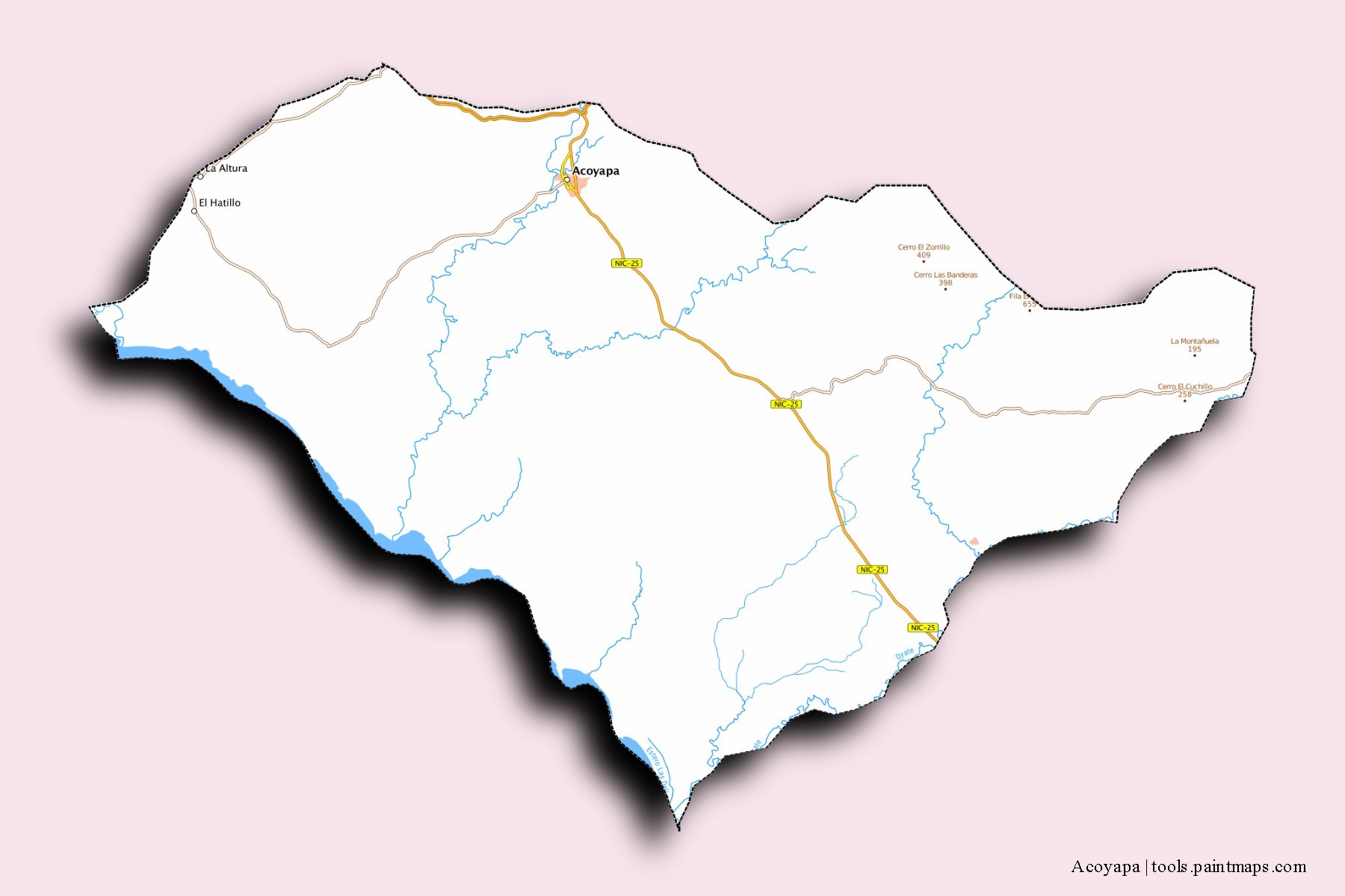 Mapa de barrios y pueblos de Acoyapa con efecto de sombra 3D