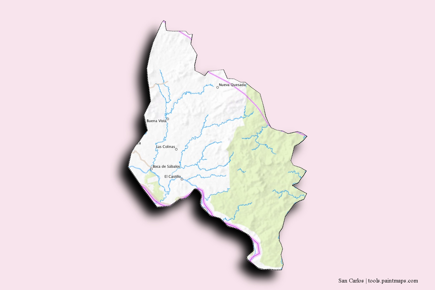 Mapa de barrios y pueblos de San Carlos con efecto de sombra 3D