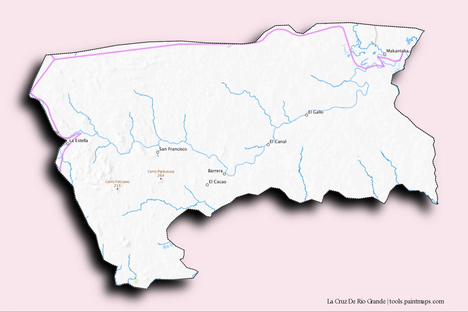 Mapa de barrios y pueblos de La Cruz De Rio Grande con efecto de sombra 3D