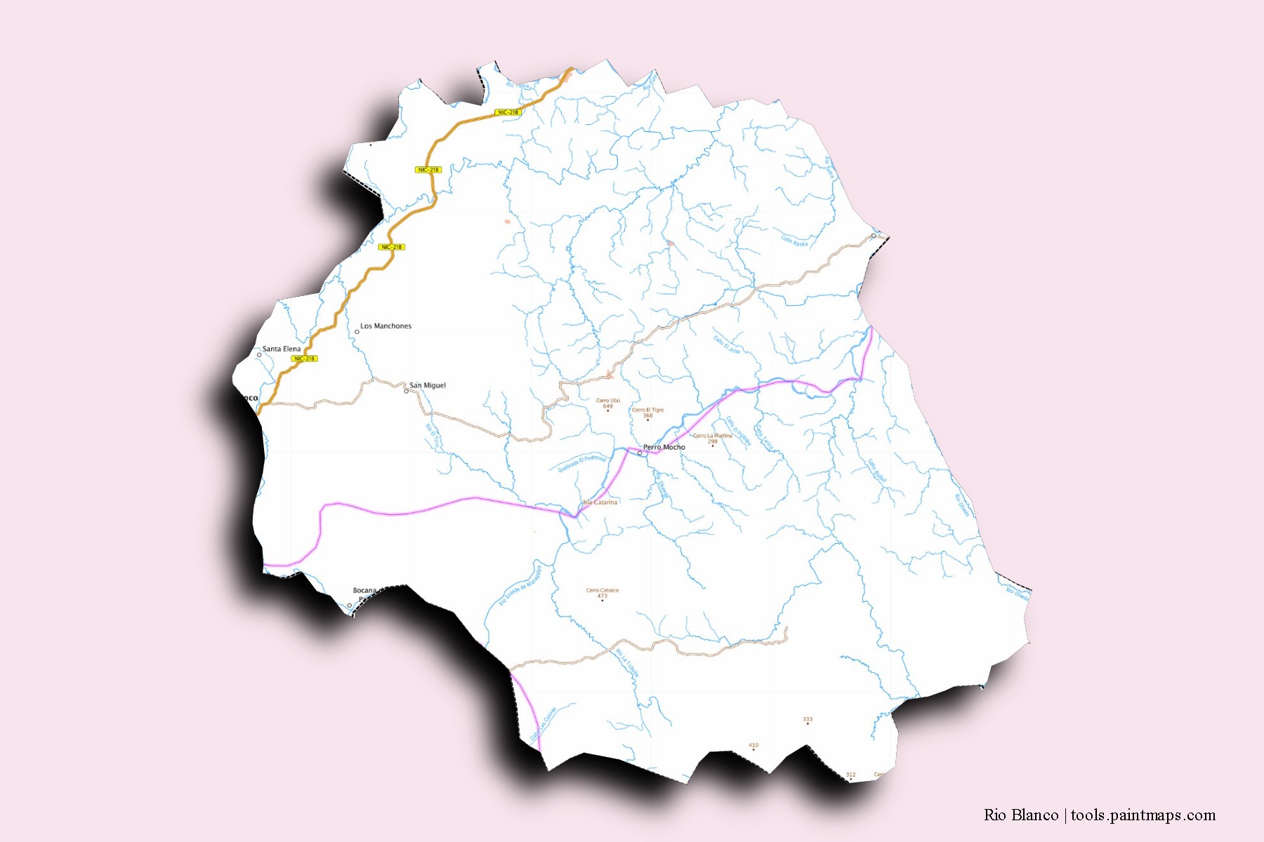 Mapa de barrios y pueblos de Rio Blanco con efecto de sombra 3D