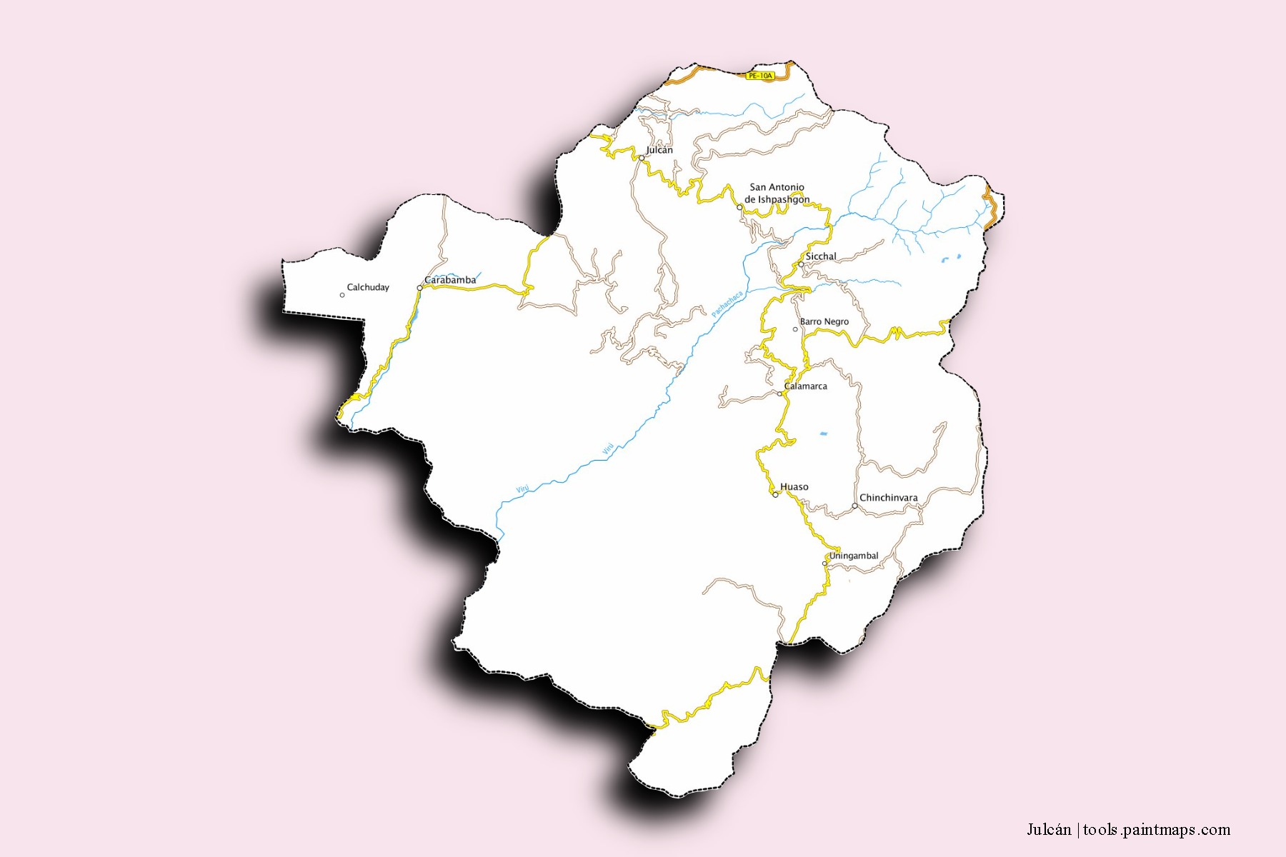 Mapa de barrios y pueblos de Julcán con efecto de sombra 3D