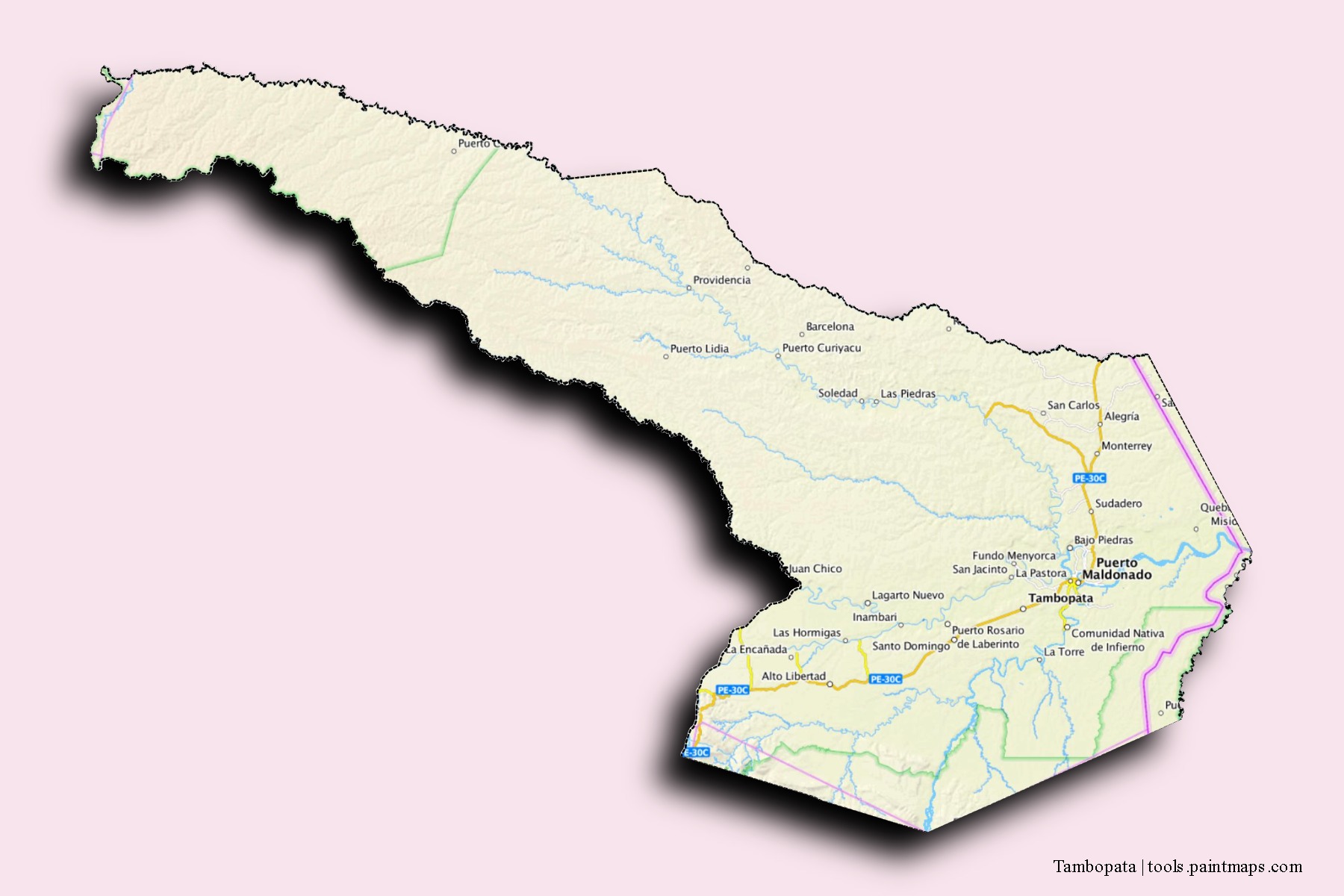 Mapa de barrios y pueblos de Tambopata con efecto de sombra 3D