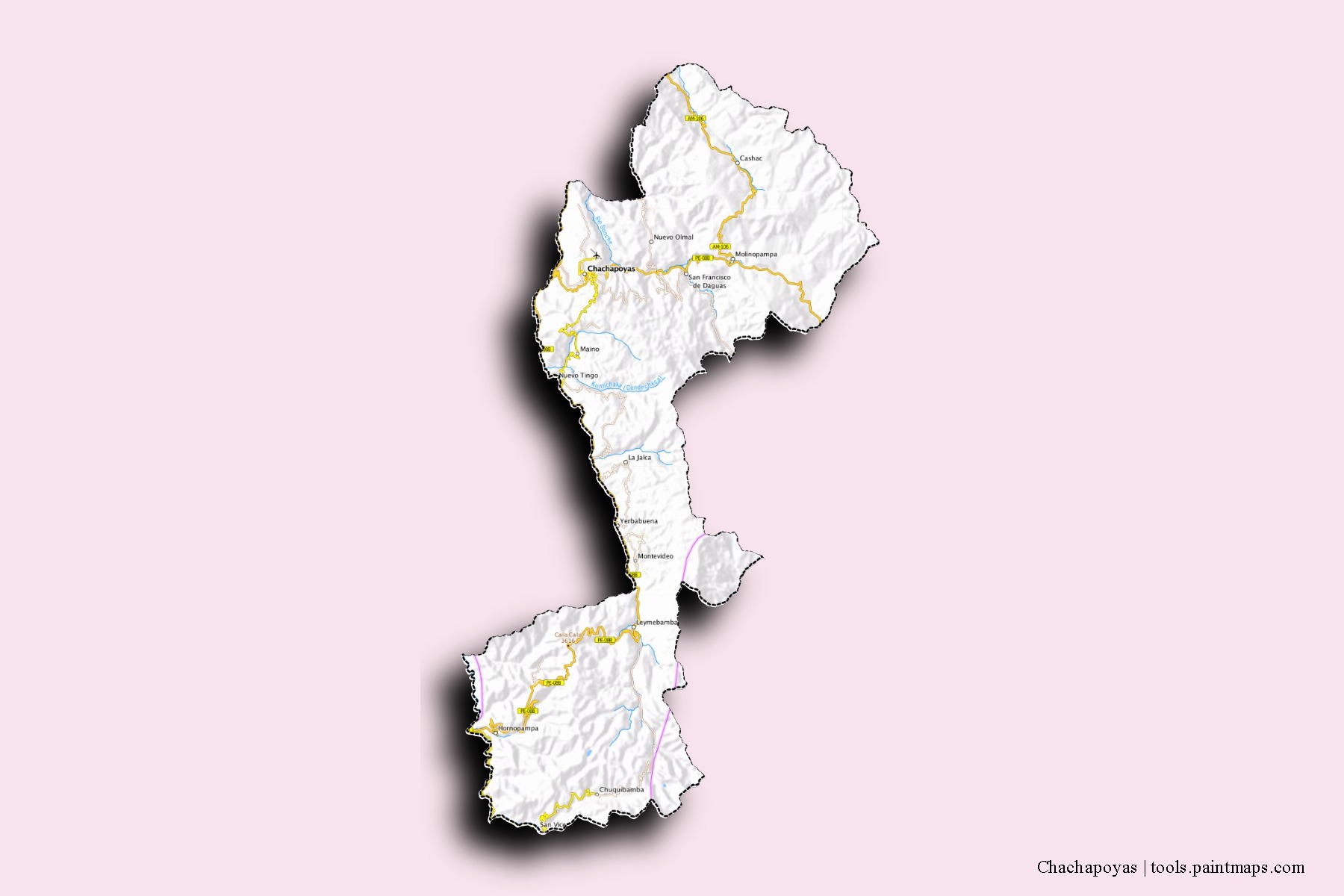 Mapa de barrios y pueblos de Chachapoyas con efecto de sombra 3D