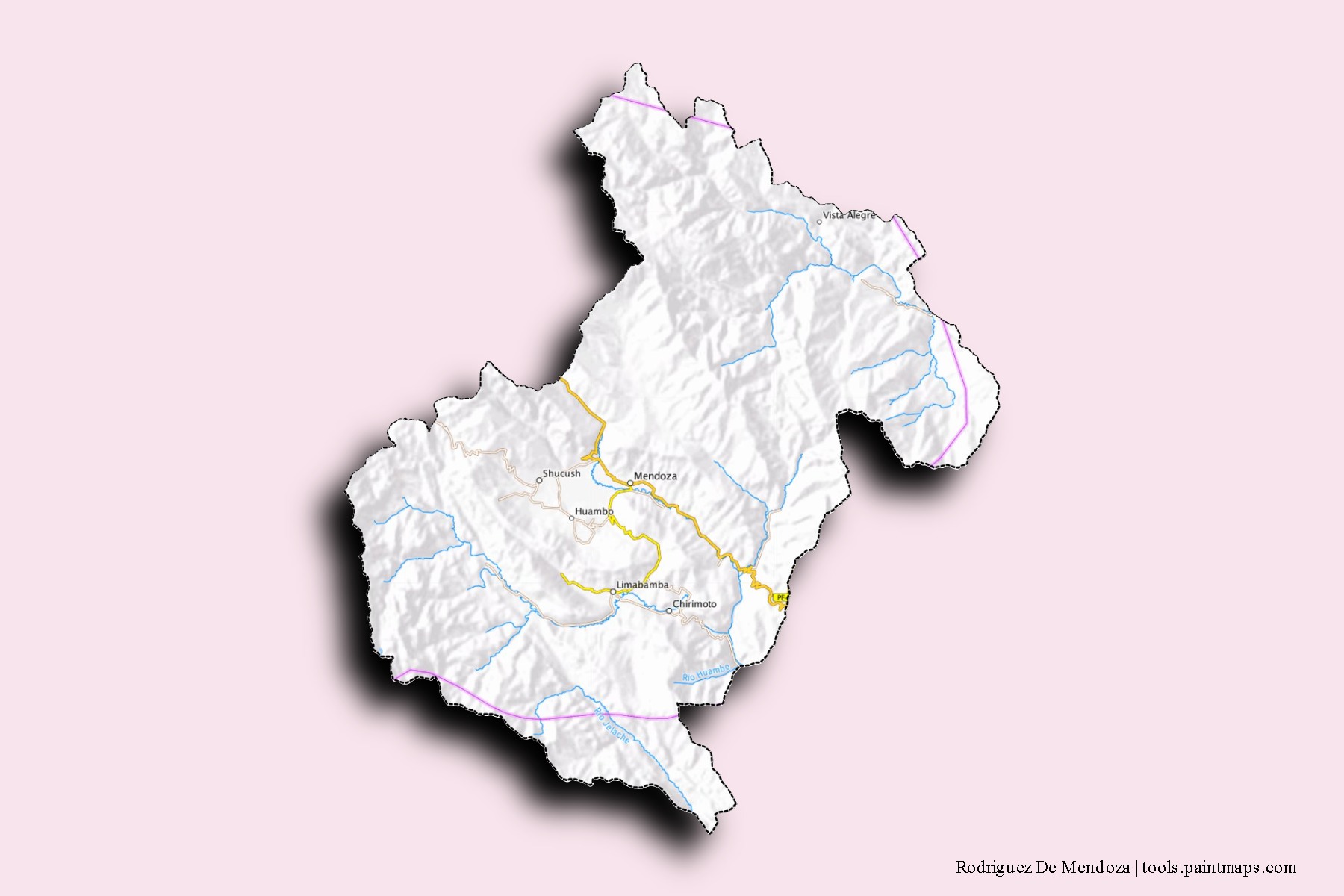 Mapa de barrios y pueblos de Rodriguez De Mendoza con efecto de sombra 3D