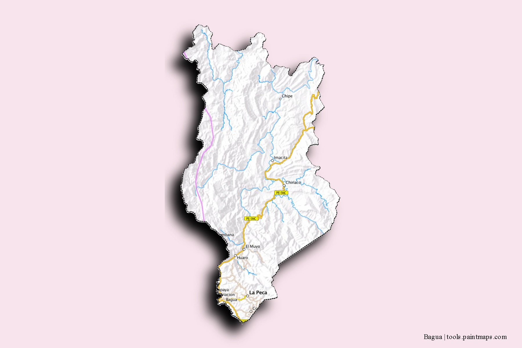 Mapa de barrios y pueblos de Bagua con efecto de sombra 3D