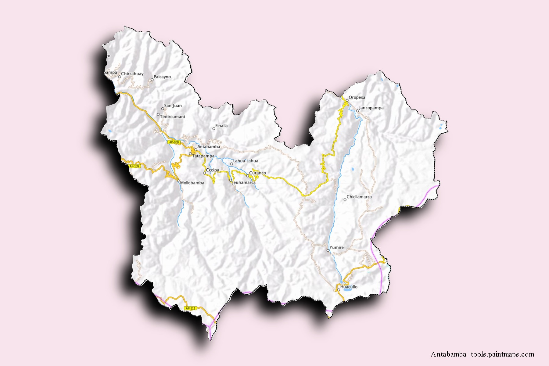 Mapa de barrios y pueblos de Antabamba con efecto de sombra 3D