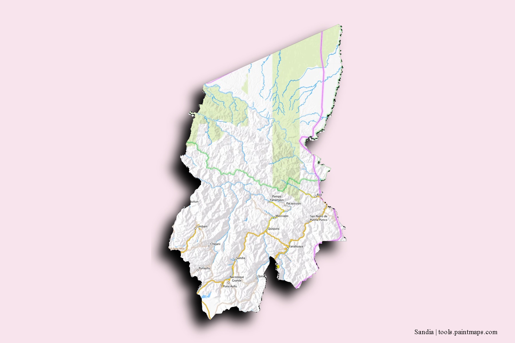 Mapa de barrios y pueblos de Sandia con efecto de sombra 3D