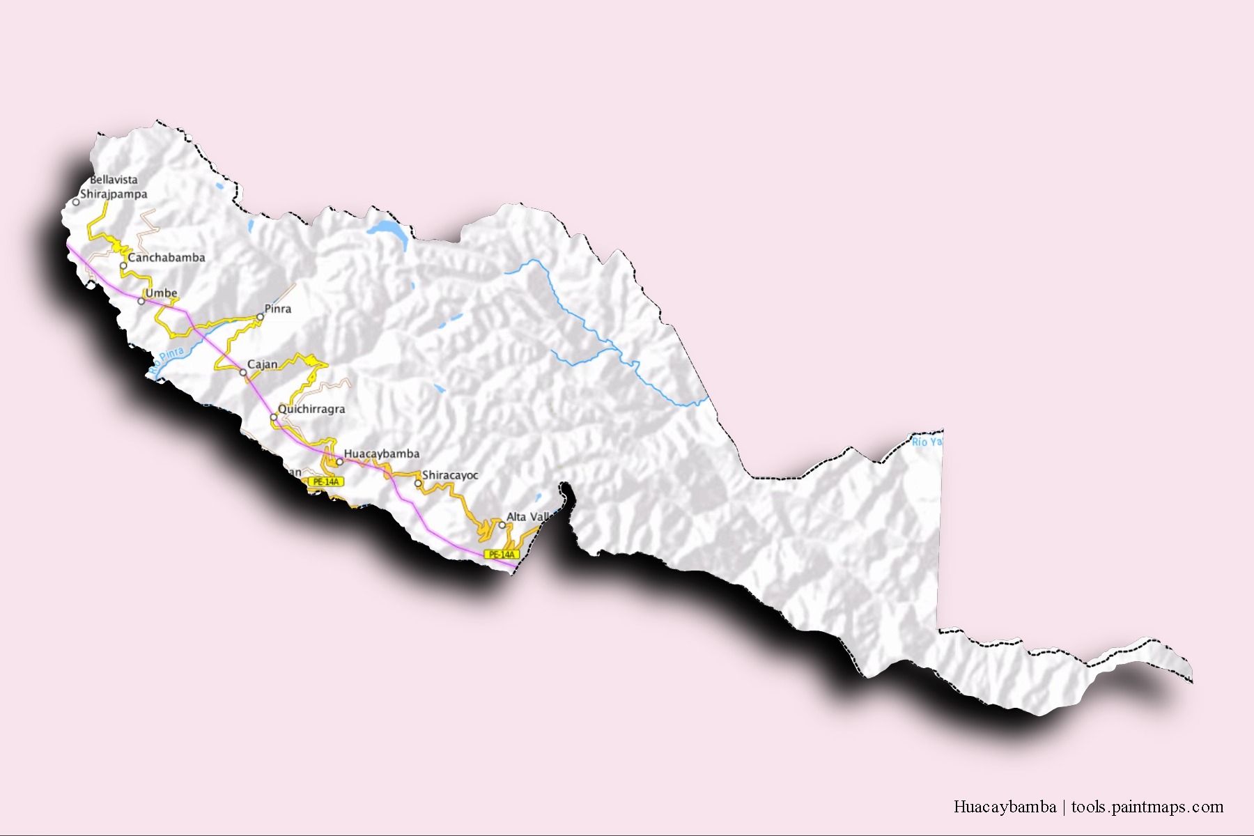 Huacaybamba neighborhoods and villages map with 3D shadow effect