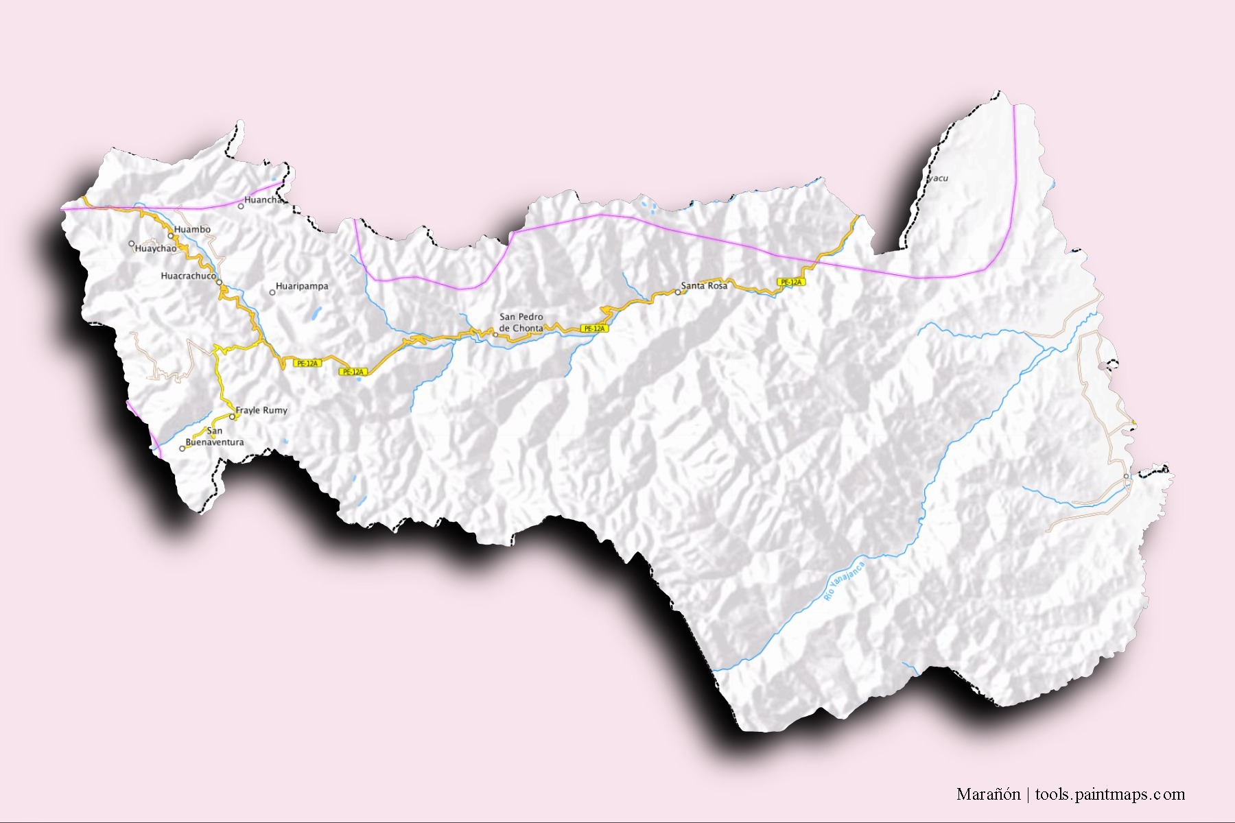 Marañón neighborhoods and villages map with 3D shadow effect