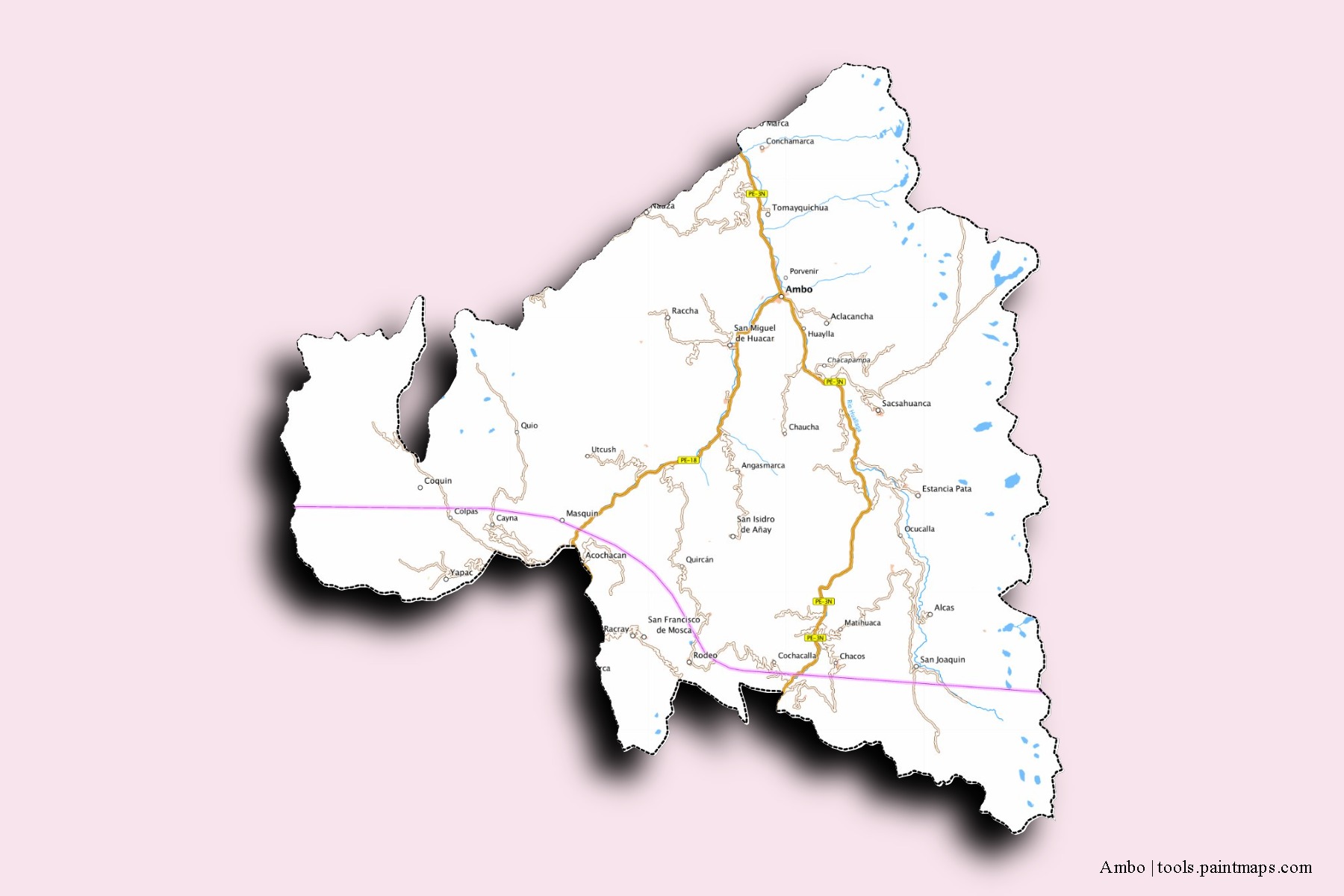 Mapa de barrios y pueblos de Ambo con efecto de sombra 3D