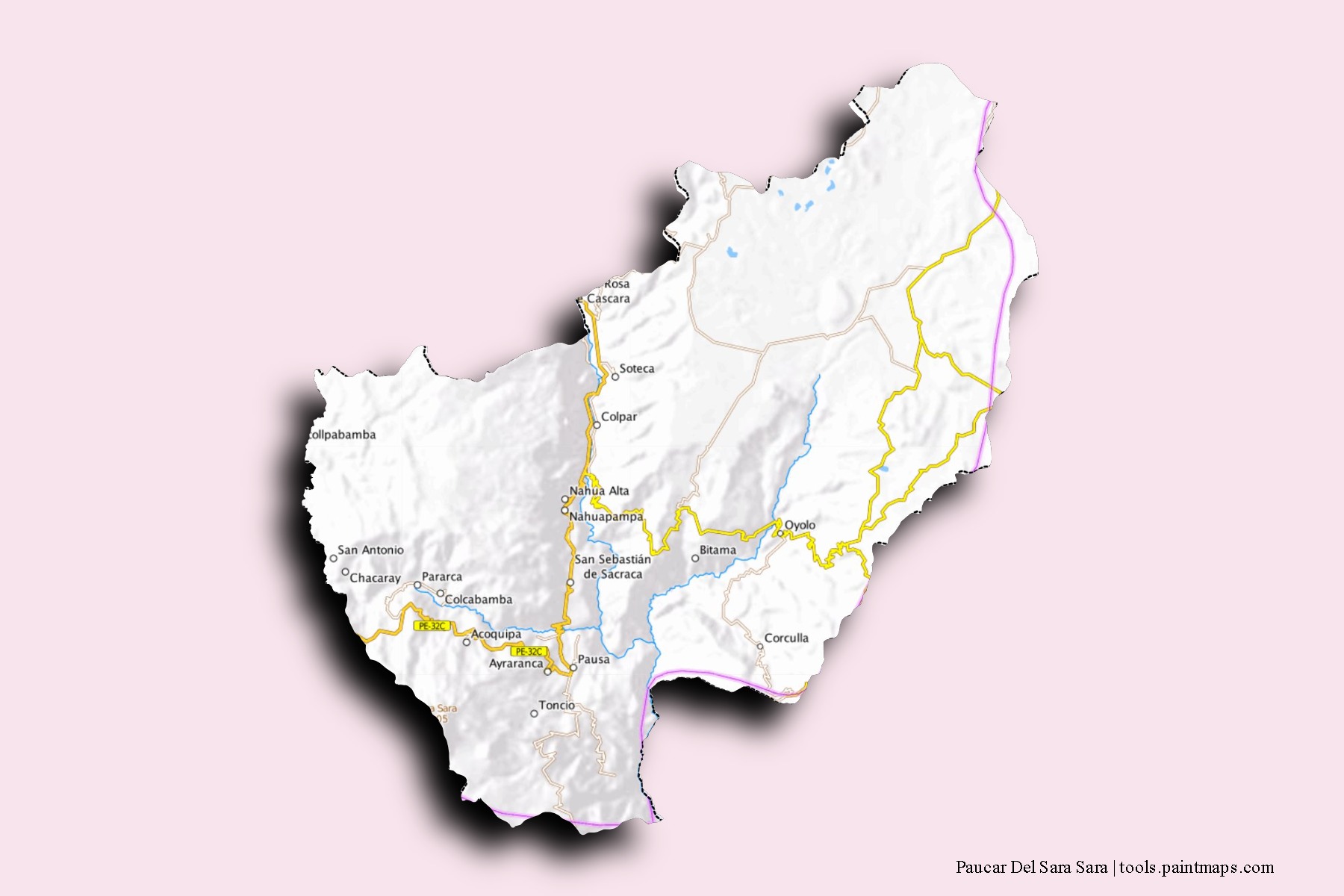 Mapa de barrios y pueblos de Paucar Del Sara Sara con efecto de sombra 3D