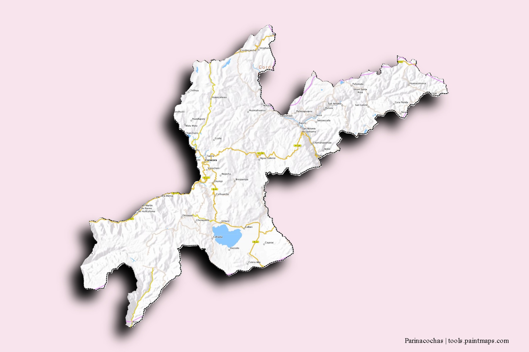 Mapa de barrios y pueblos de Parinacochas con efecto de sombra 3D