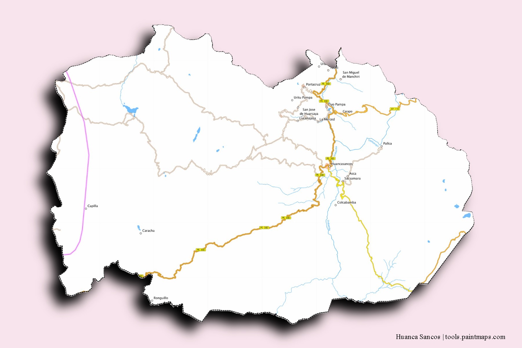 Huanca Sancos neighborhoods and villages map with 3D shadow effect