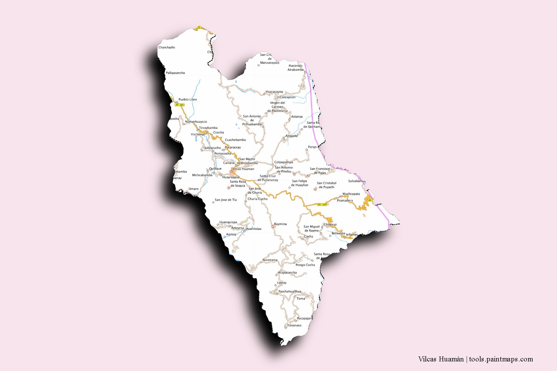 Vilcas Huamán neighborhoods and villages map with 3D shadow effect