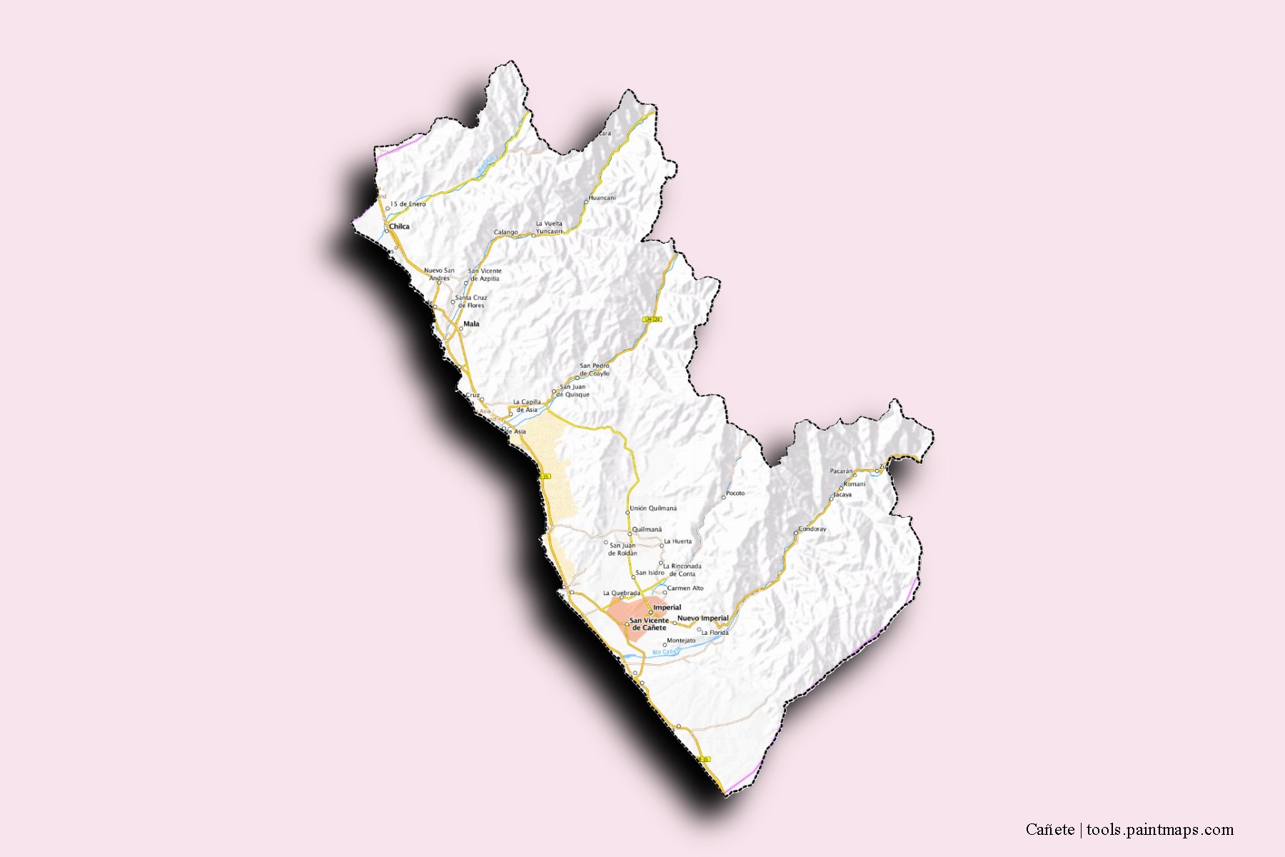 Cañete neighborhoods and villages map with 3D shadow effect