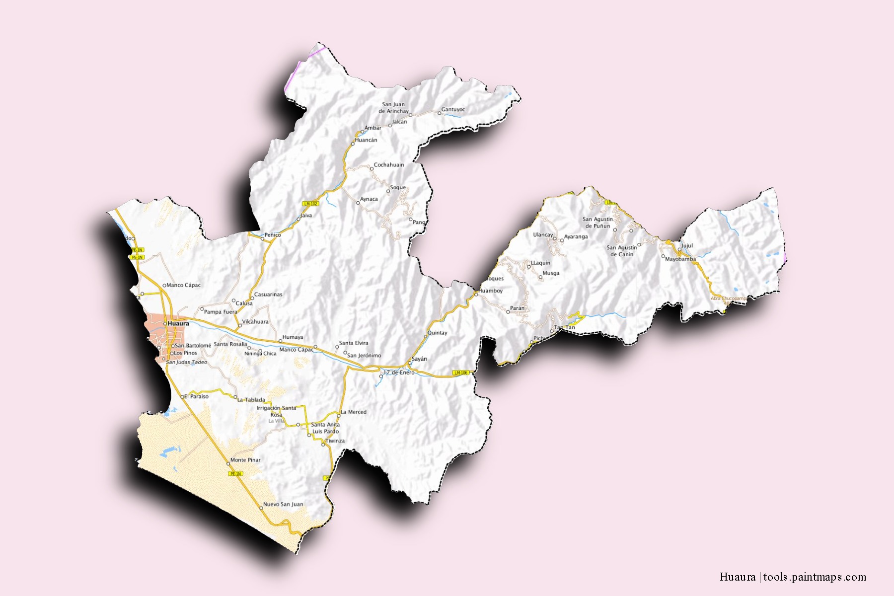 Mapa de barrios y pueblos de Huaura con efecto de sombra 3D