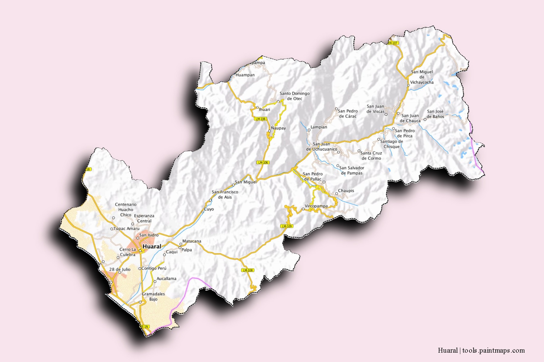 Mapa de barrios y pueblos de Huaral con efecto de sombra 3D