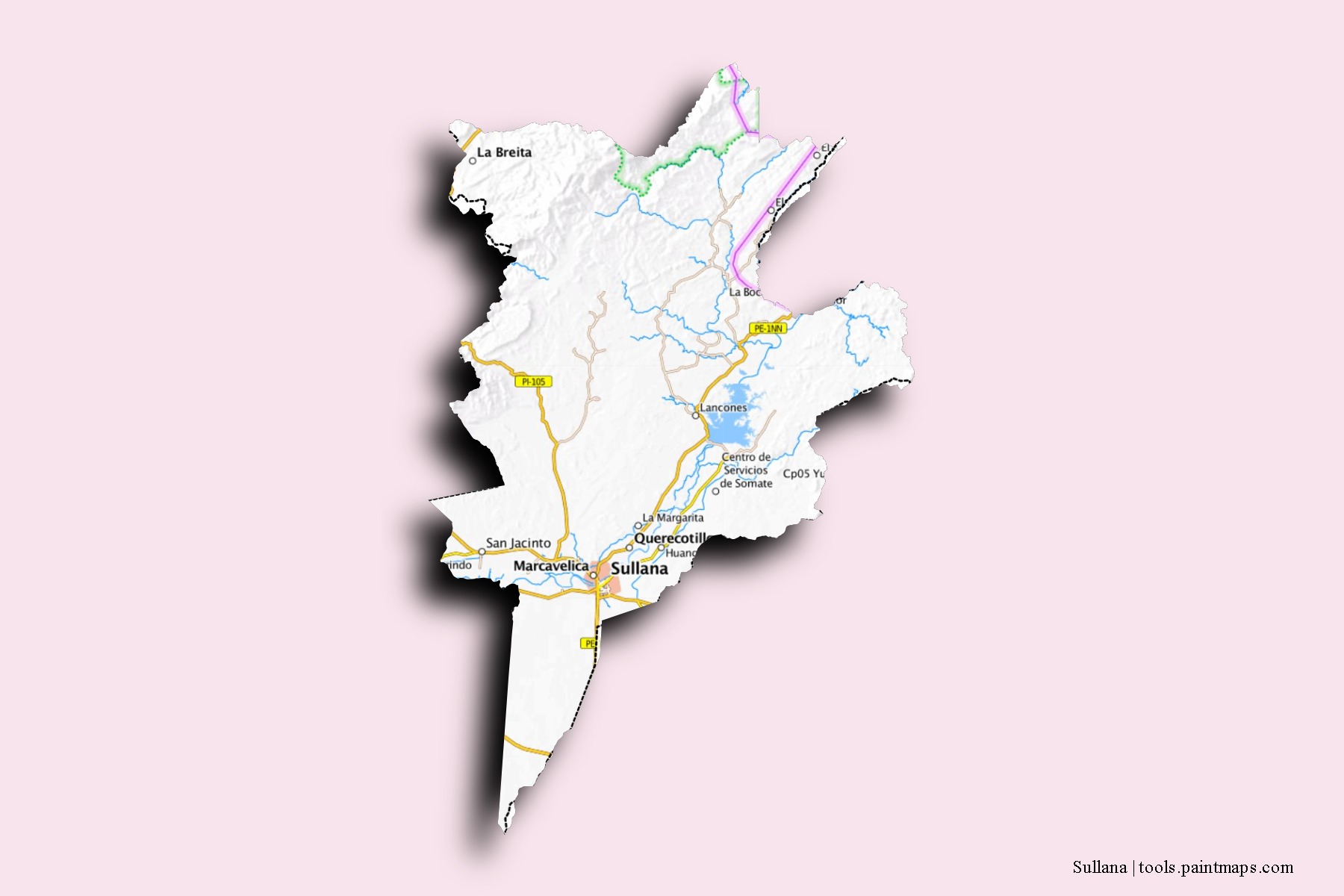 Mapa de barrios y pueblos de Sullana con efecto de sombra 3D