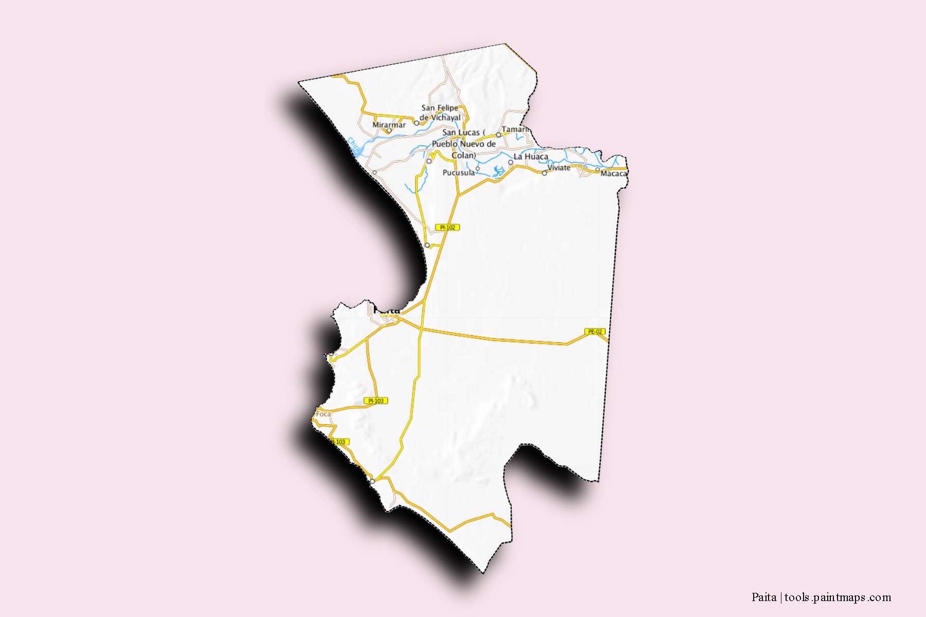 Mapa de barrios y pueblos de Paita con efecto de sombra 3D