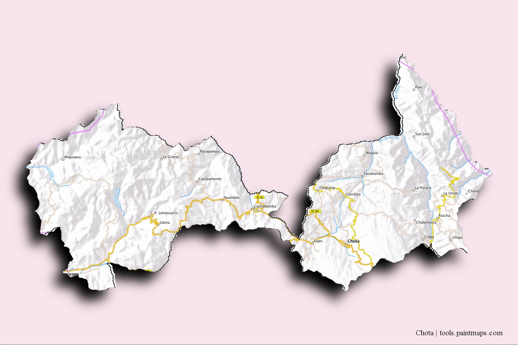 Mapa de barrios y pueblos de Chota con efecto de sombra 3D