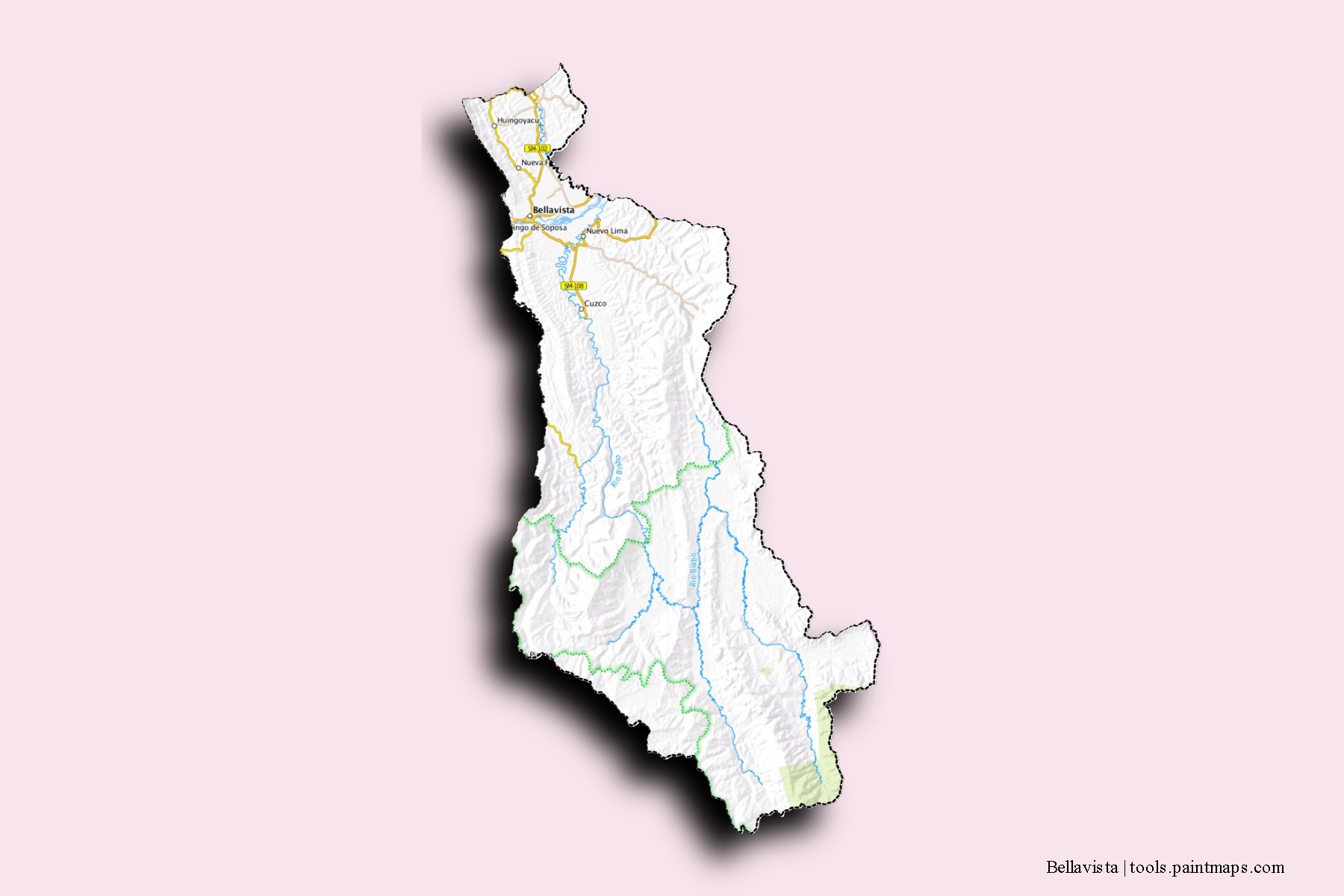 Mapa de barrios y pueblos de Bellavista con efecto de sombra 3D