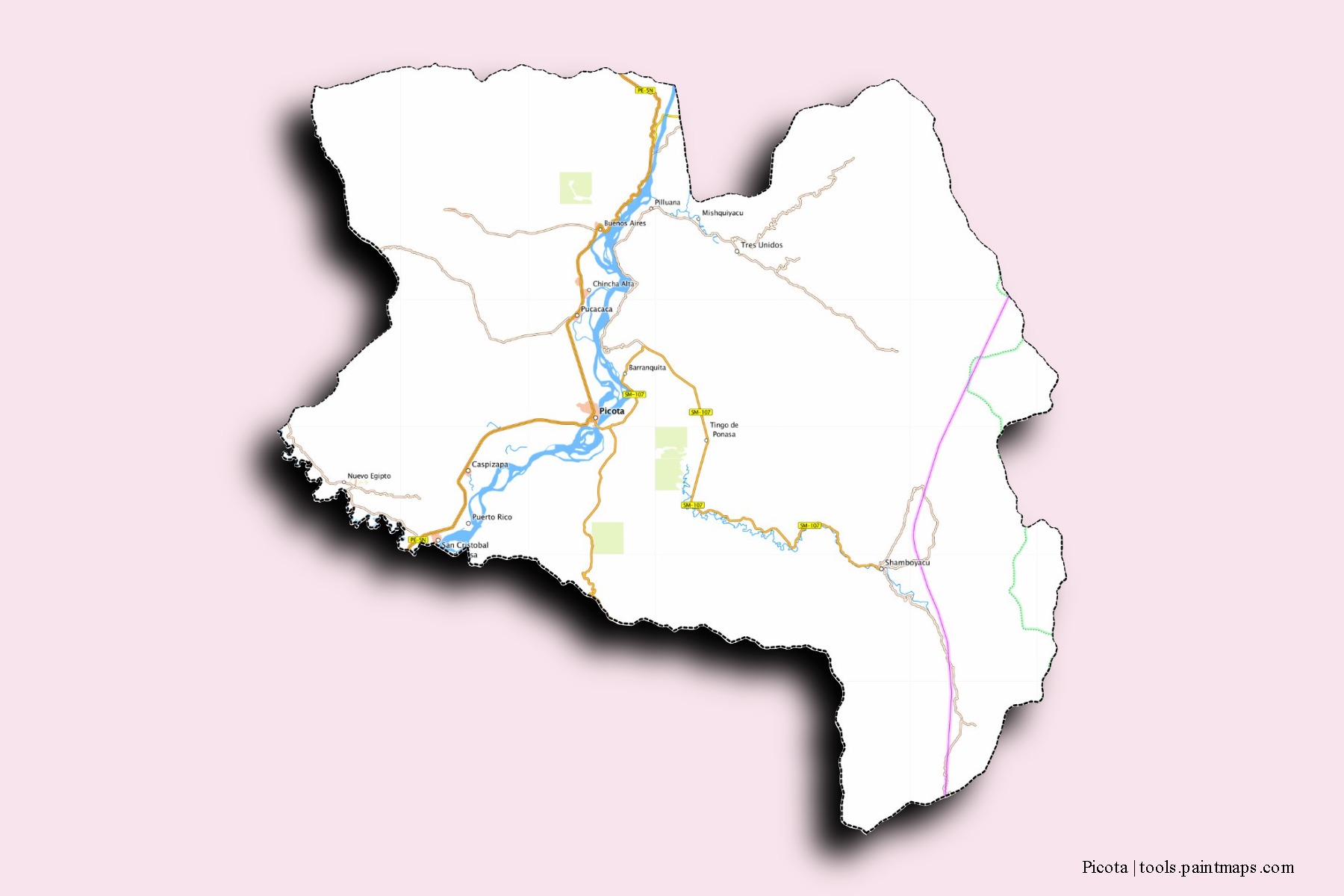 Mapa de barrios y pueblos de Picota con efecto de sombra 3D