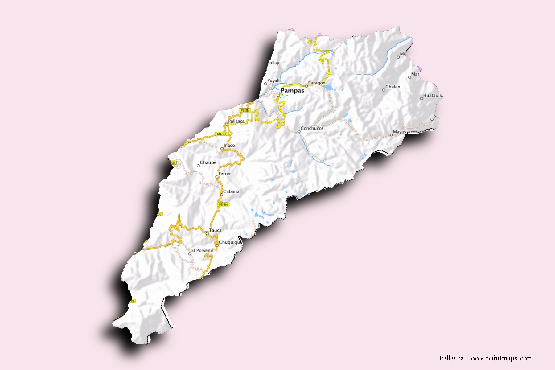 Mapa de barrios y pueblos de Pallasca con efecto de sombra 3D