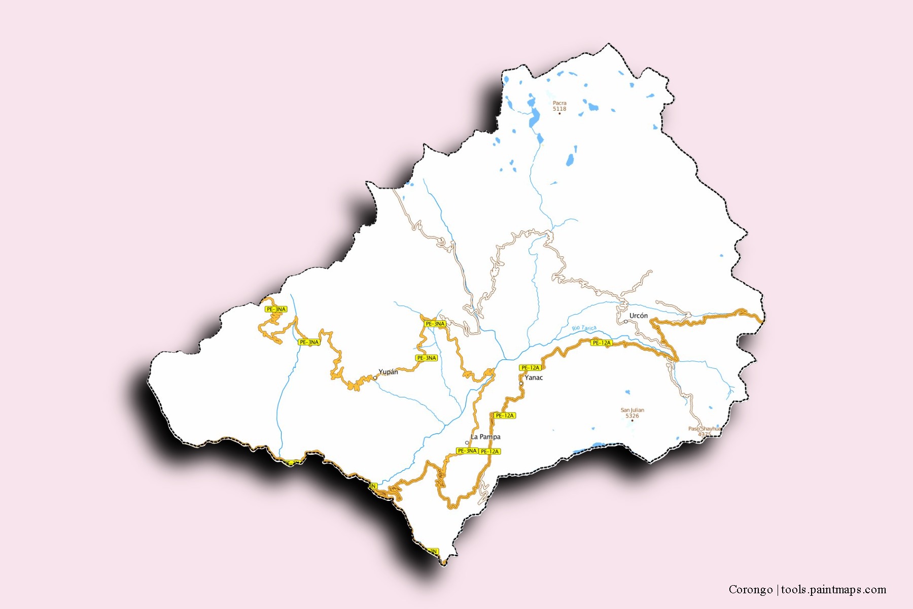 Mapa de barrios y pueblos de Corongo con efecto de sombra 3D