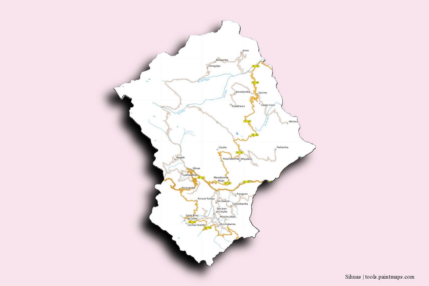 Mapa de barrios y pueblos de Sihuas con efecto de sombra 3D