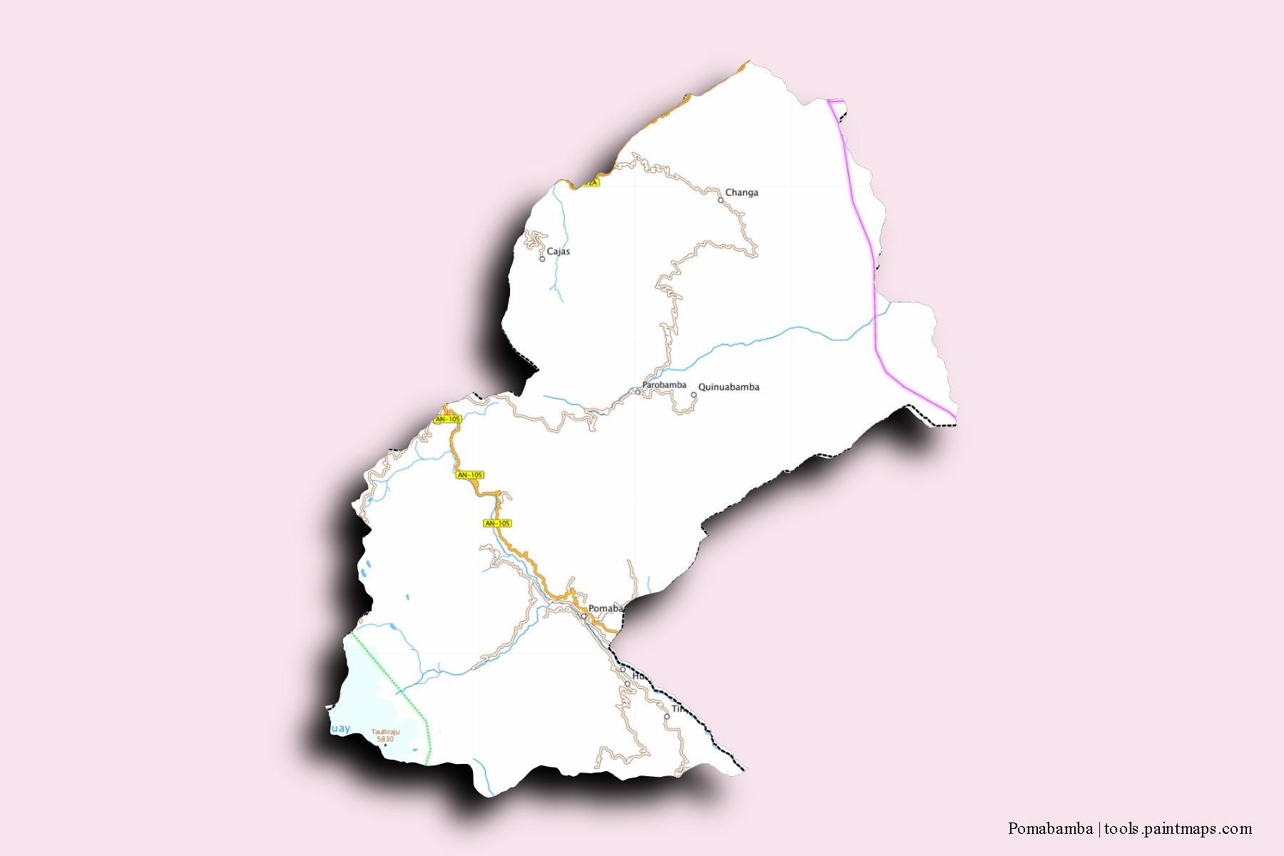 3D gölge efektli Pomabamba mahalleleri ve köyleri haritası
