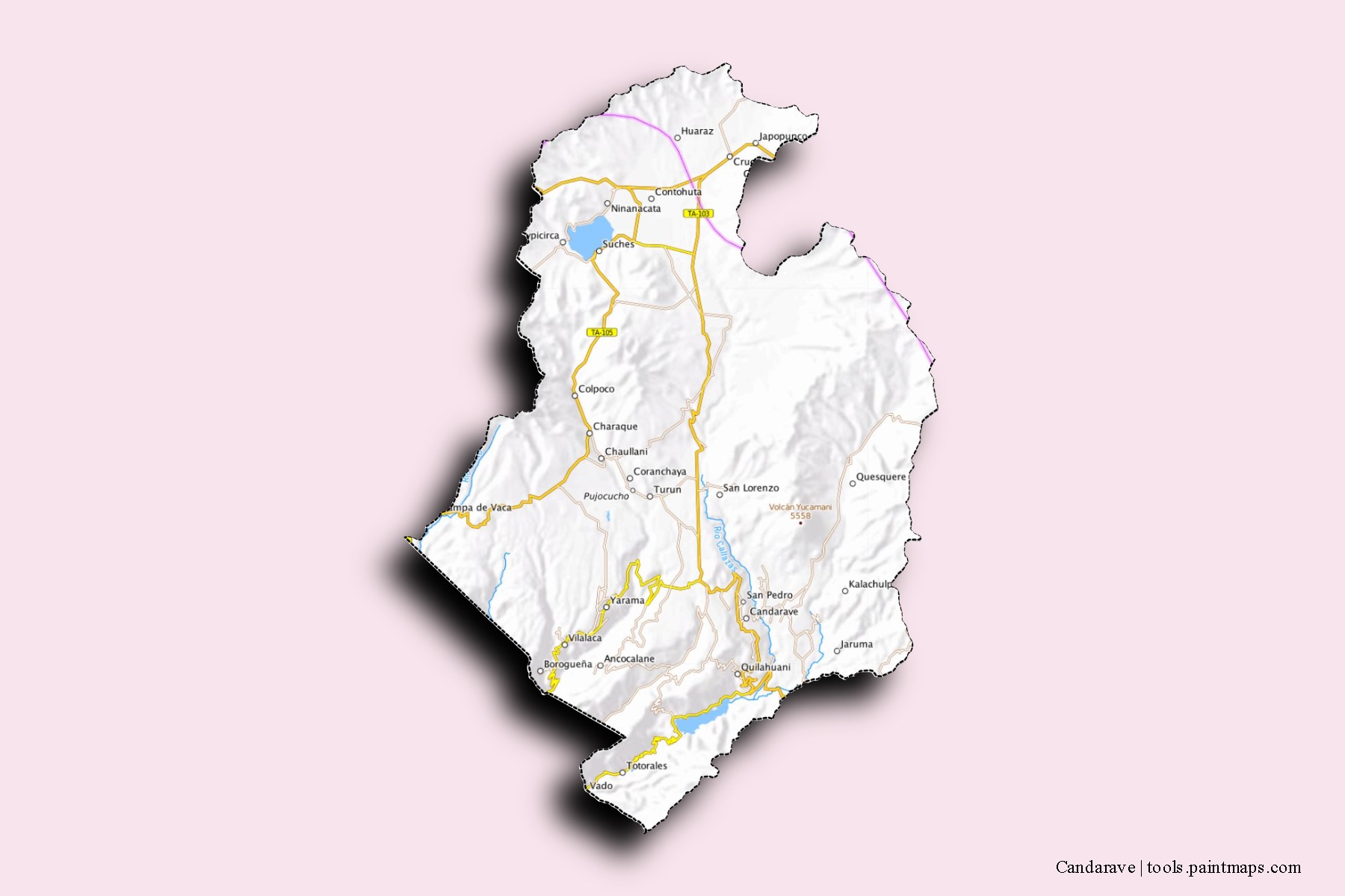 Mapa de barrios y pueblos de Candarave con efecto de sombra 3D