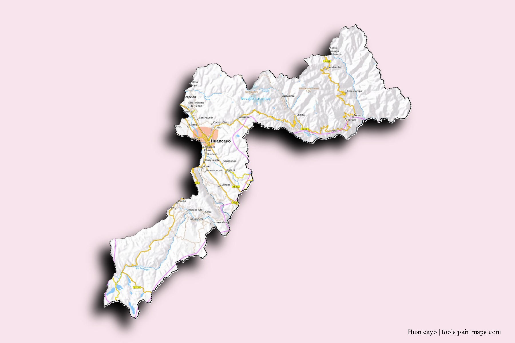 Mapa de barrios y pueblos de Huancayo con efecto de sombra 3D