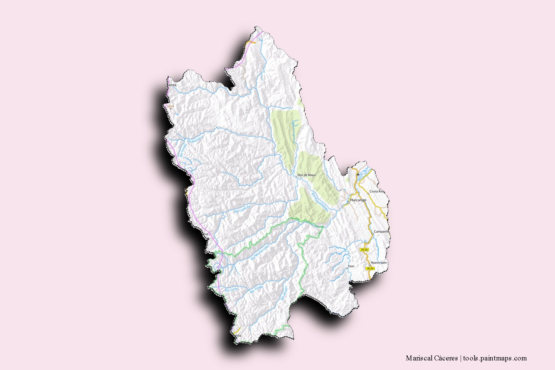 Mapa de barrios y pueblos de Mariscal Cáceres con efecto de sombra 3D