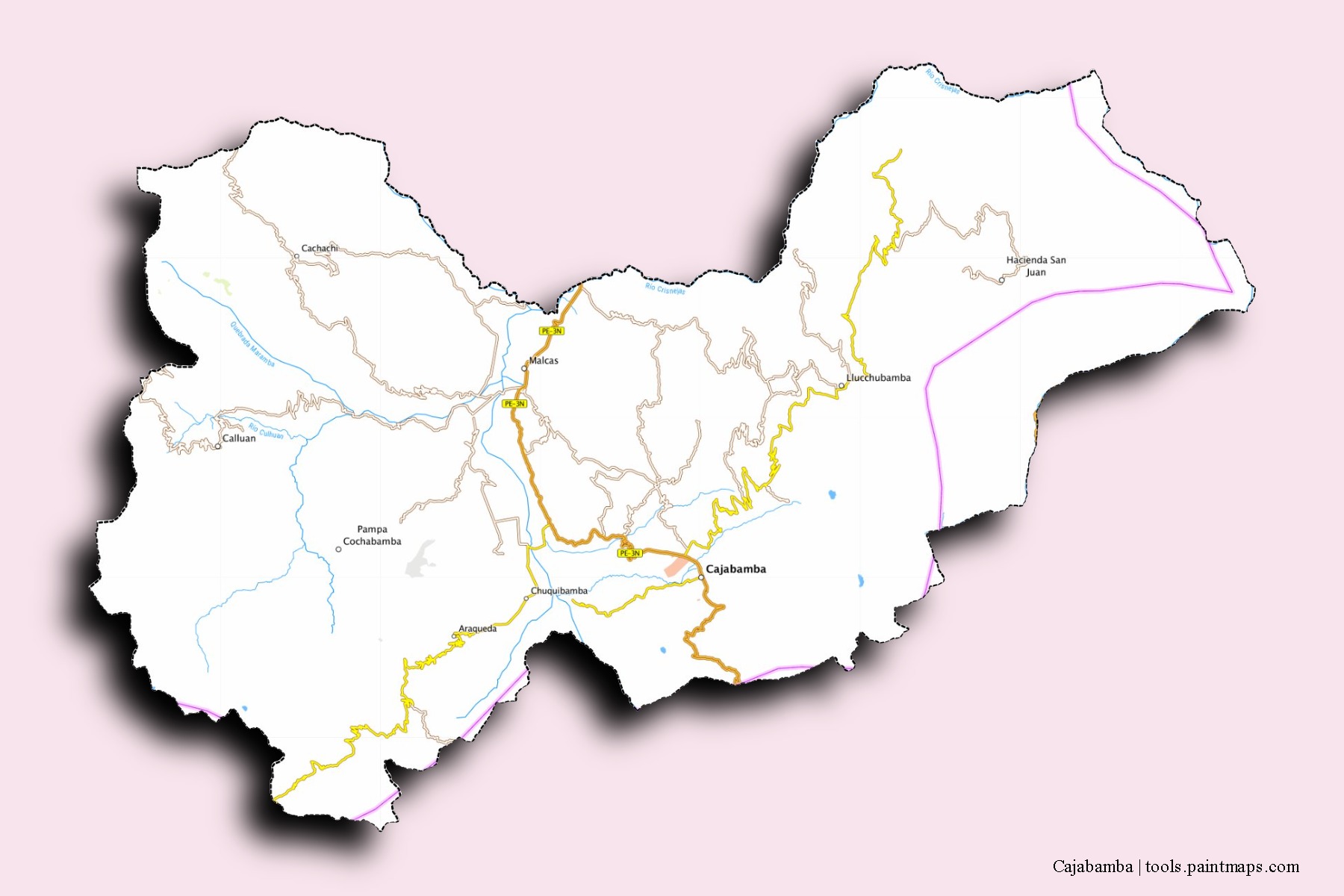 Mapa de barrios y pueblos de Cajabamba con efecto de sombra 3D