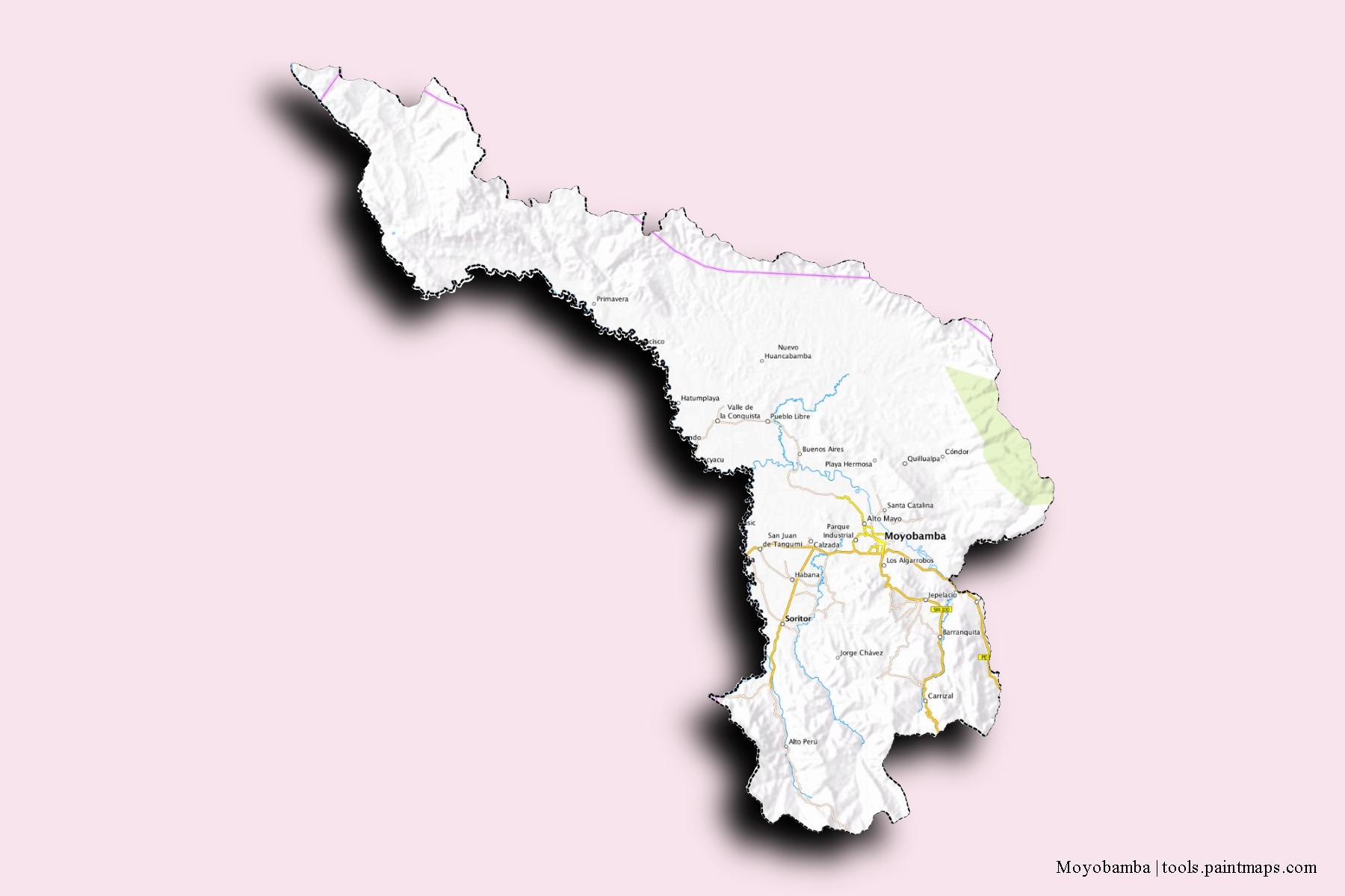 Moyobamba neighborhoods and villages map with 3D shadow effect