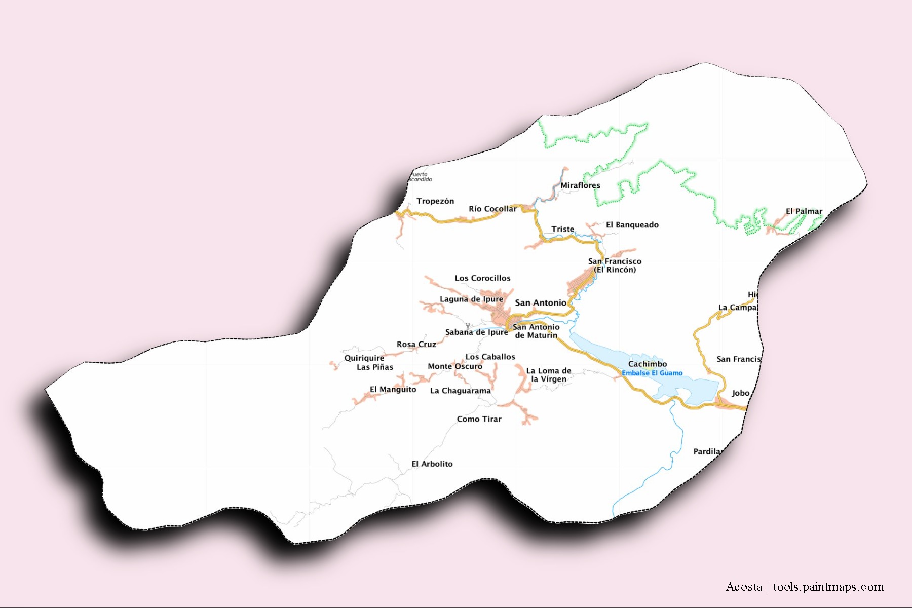 Mapa de barrios y pueblos de Acosta con efecto de sombra 3D