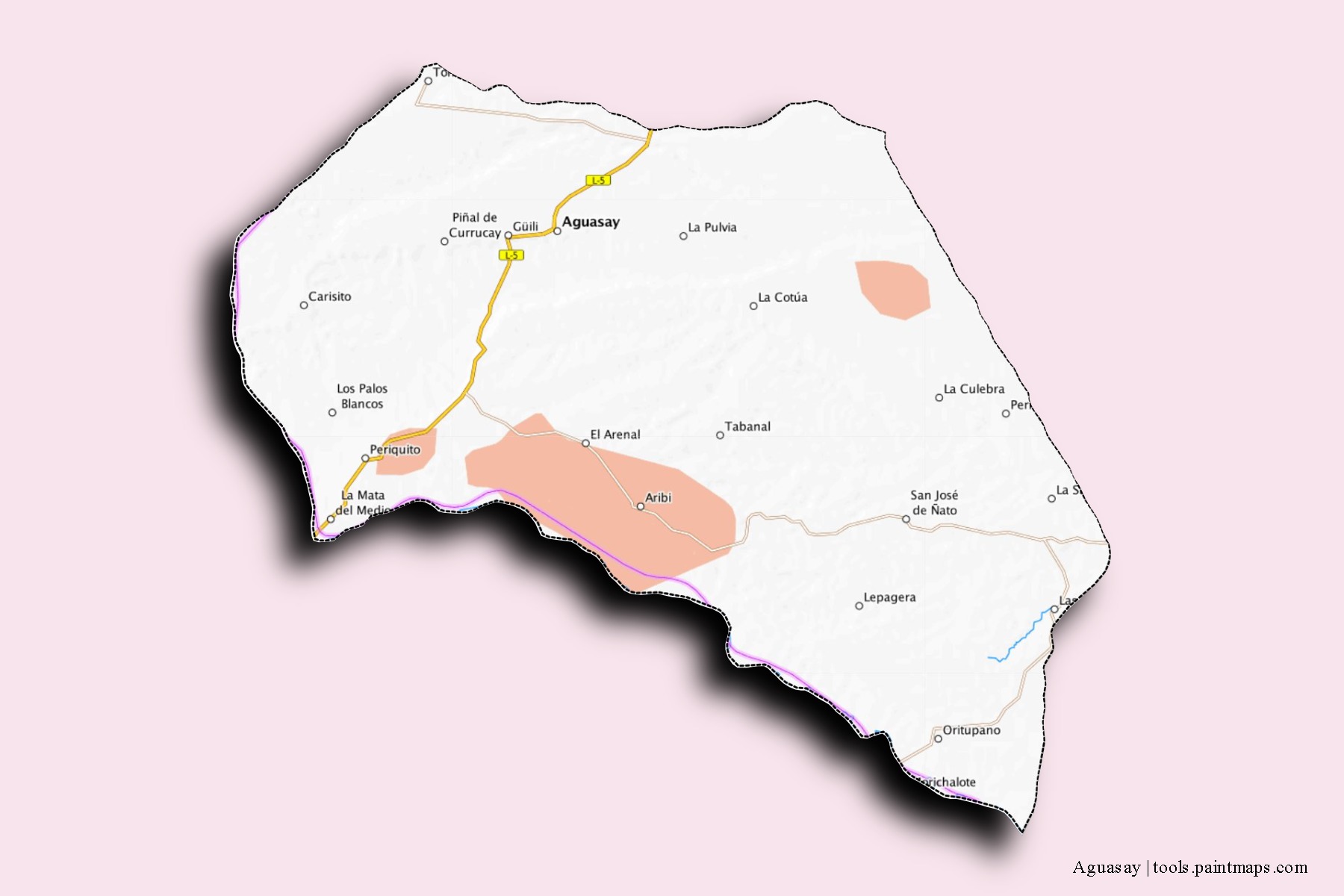 Mapa de barrios y pueblos de Aguasay con efecto de sombra 3D