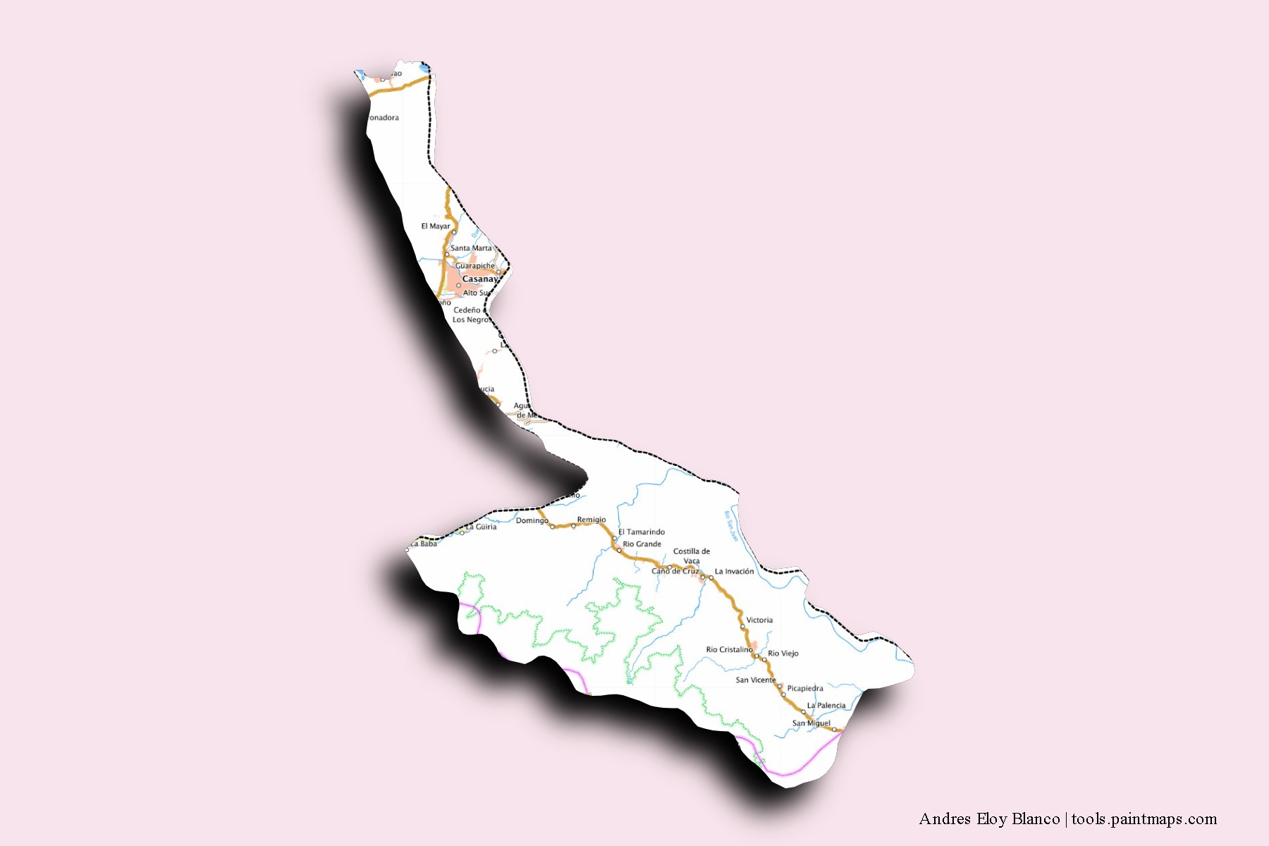 Mapa de barrios y pueblos de Andres Eloy Blanco con efecto de sombra 3D