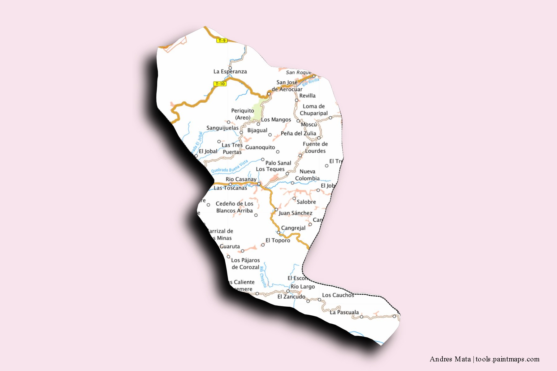 Mapa de barrios y pueblos de Andres Mata con efecto de sombra 3D