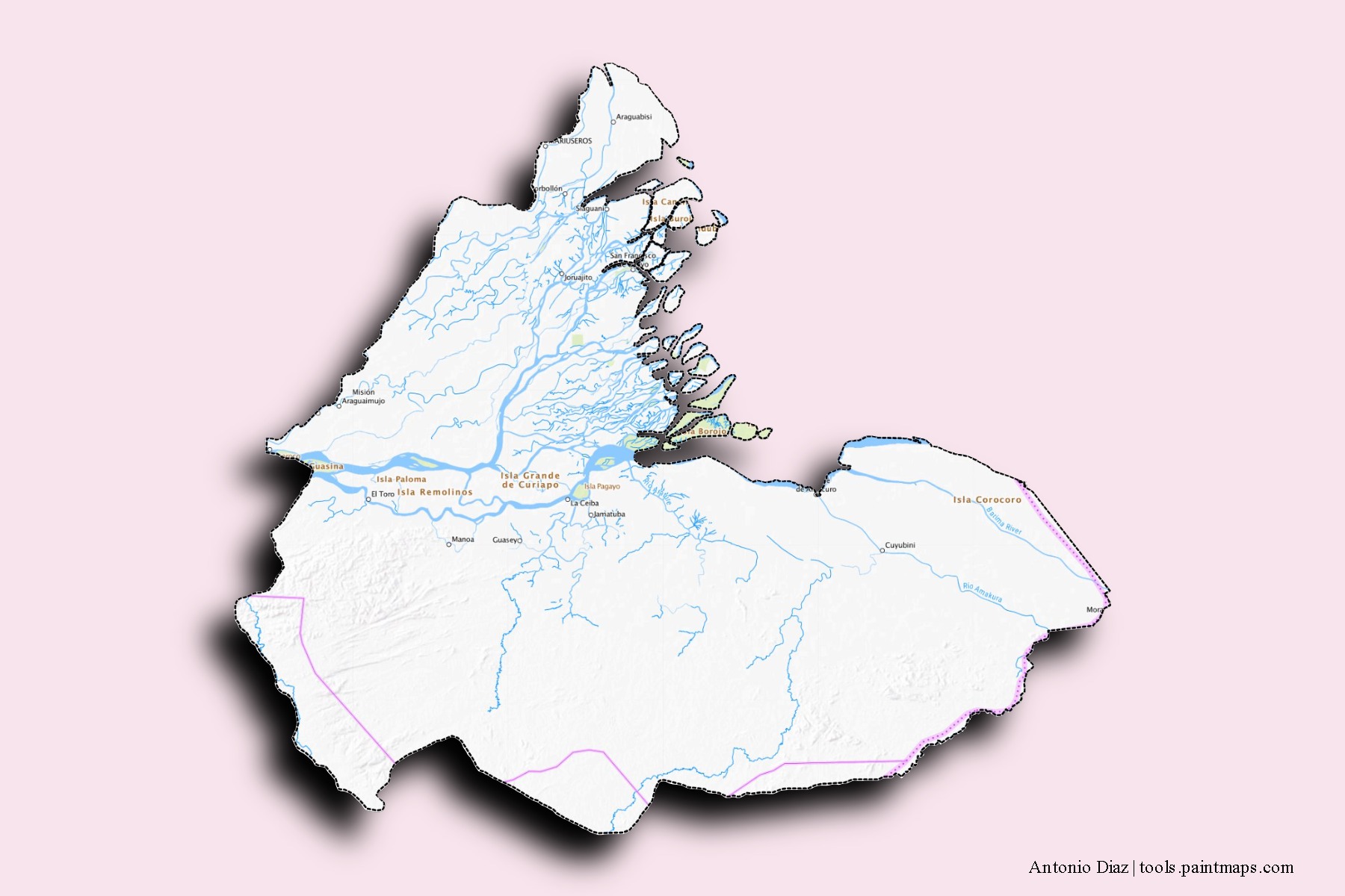 Mapa de barrios y pueblos de Antonio Diaz con efecto de sombra 3D