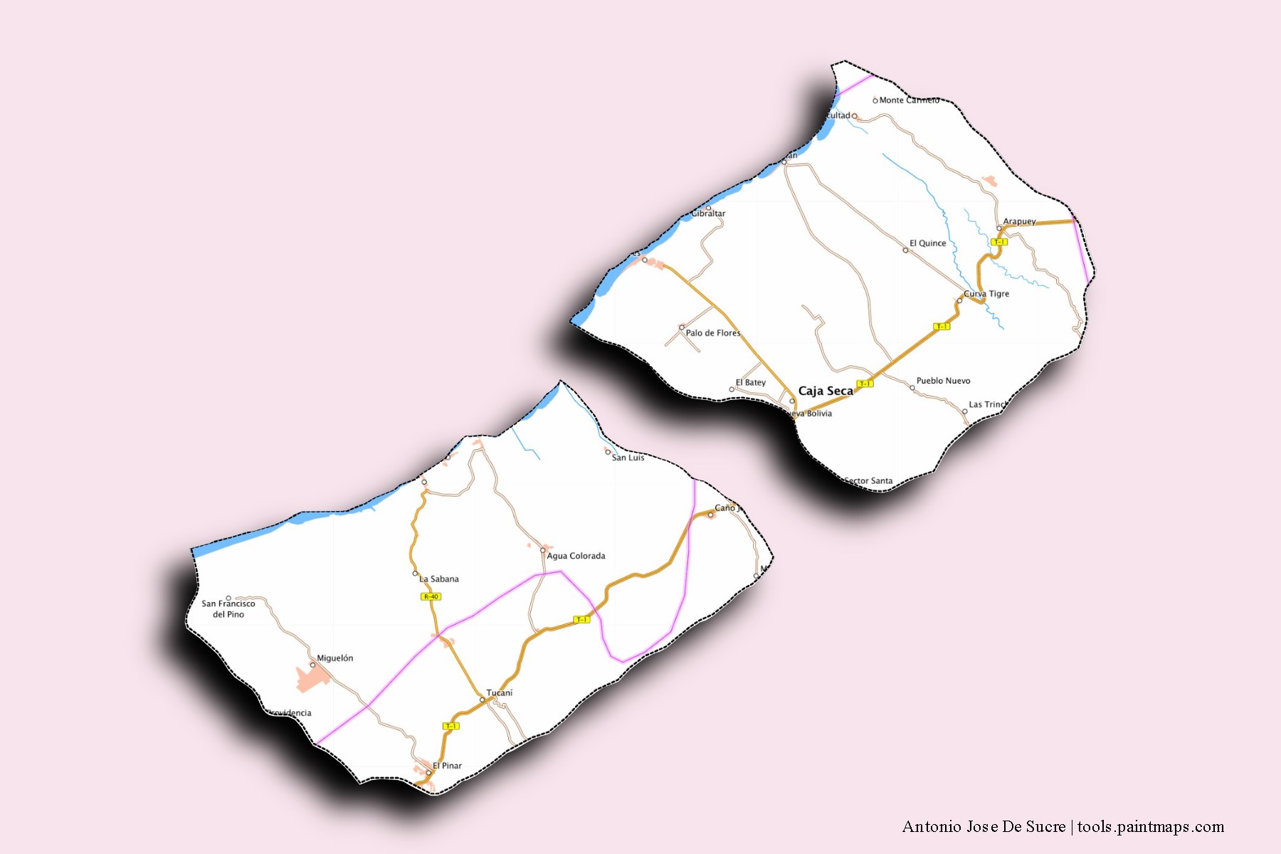 Mapa de barrios y pueblos de Antonio Jose De Sucre con efecto de sombra 3D