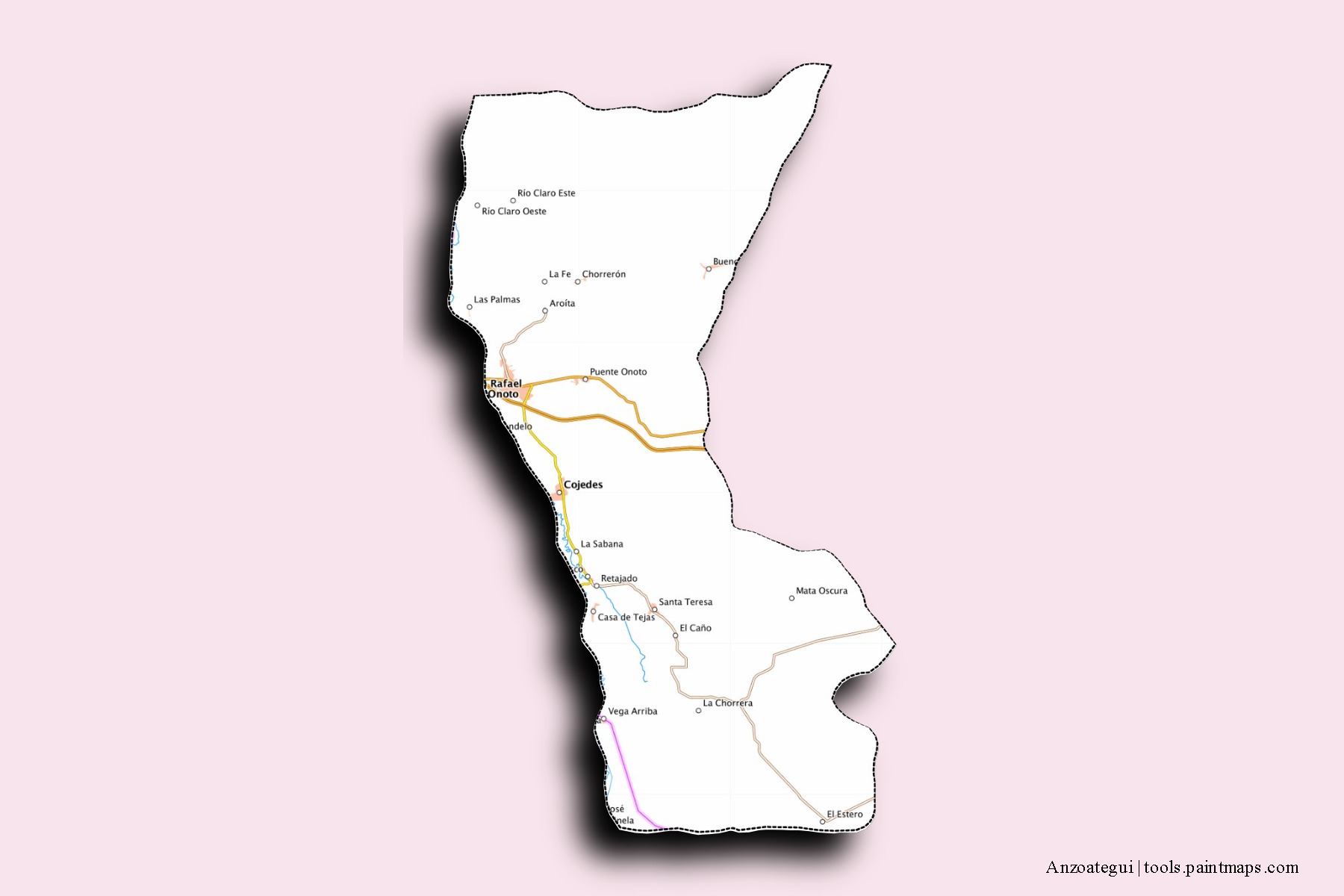 Mapa de barrios y pueblos de Anzoategui con efecto de sombra 3D